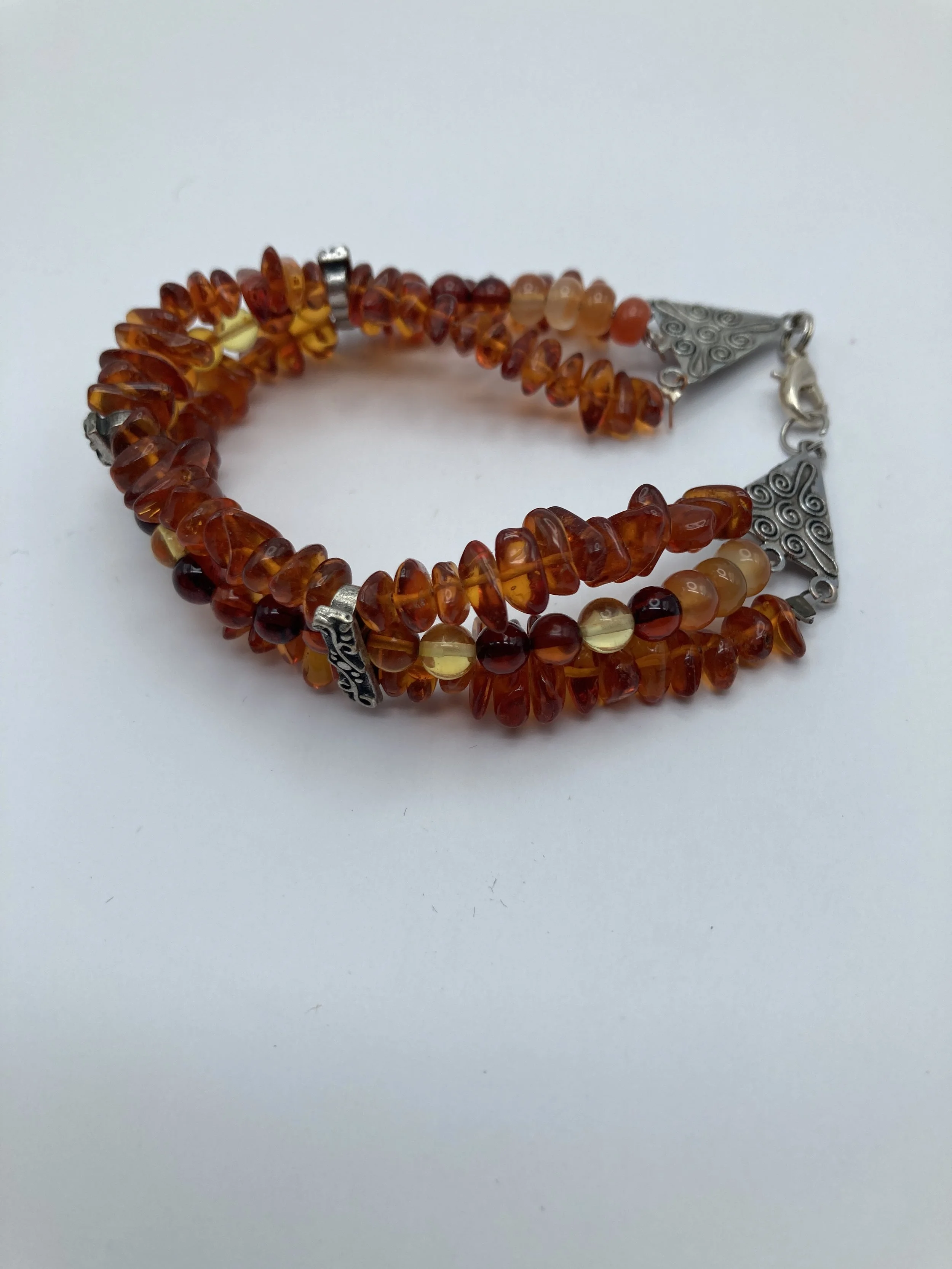 bracelet 3 Strands of Amber w silver