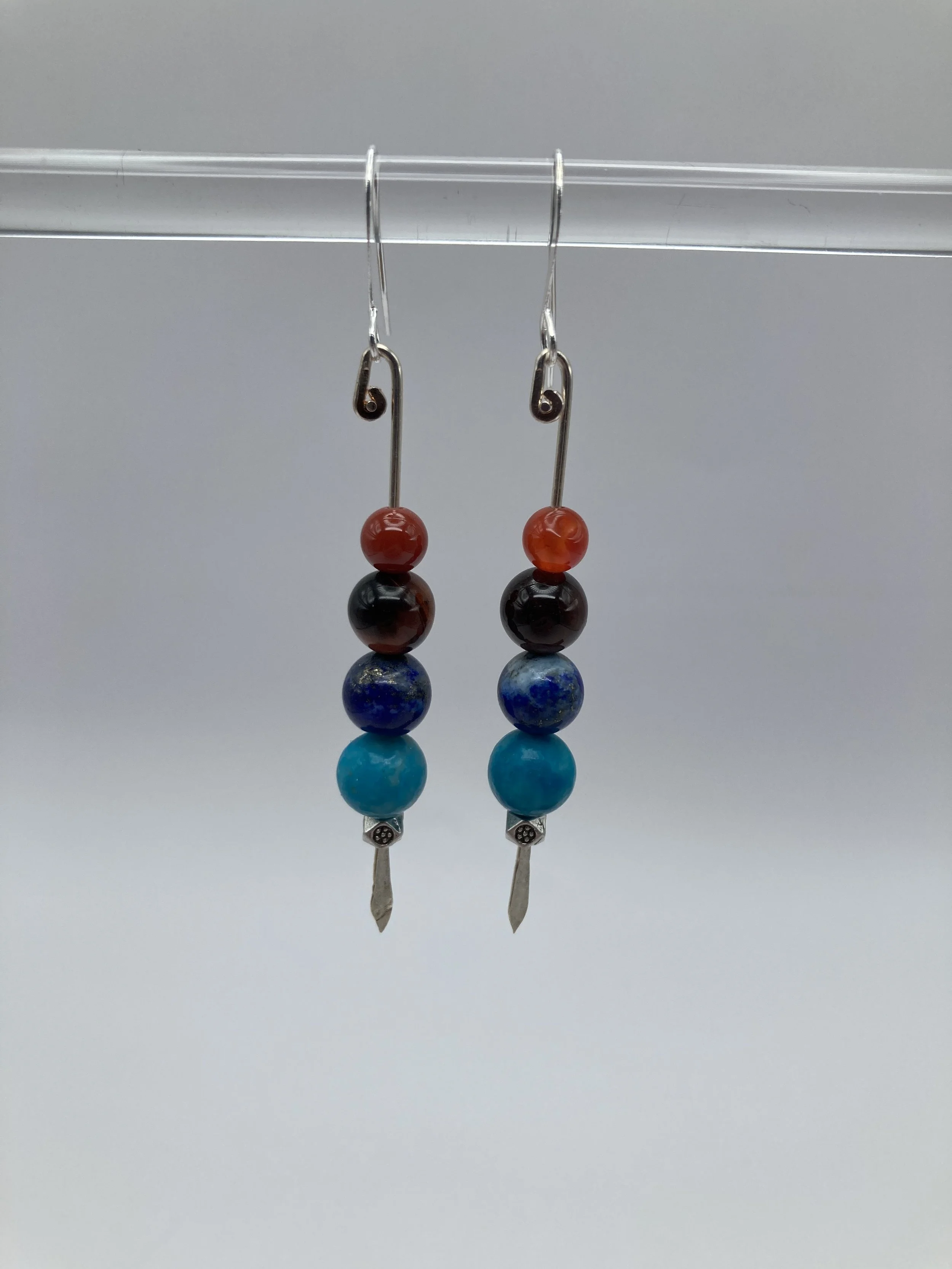 Earrings w four gems on silver wire