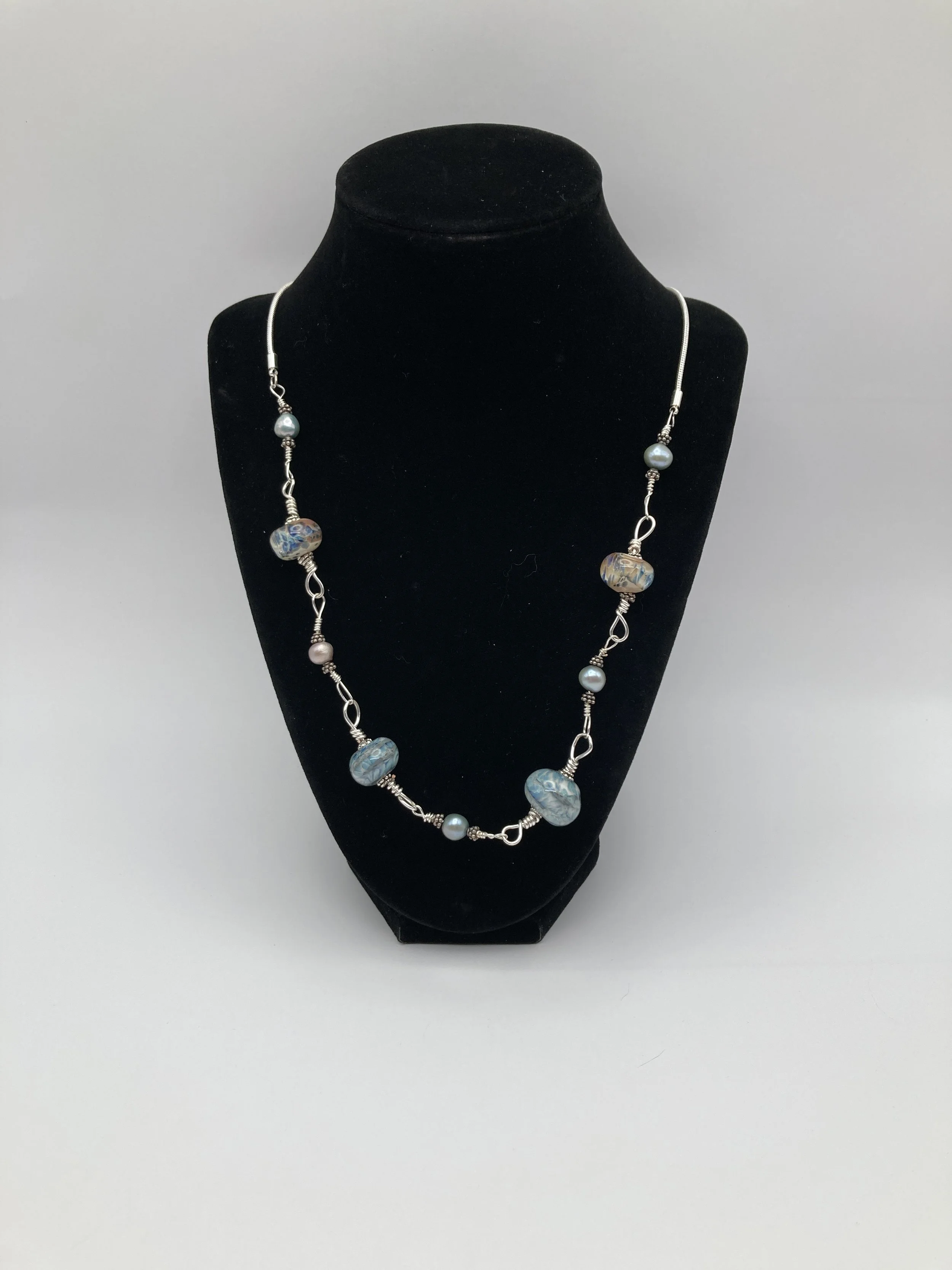special glass beads w blue frit on twisted silver chain