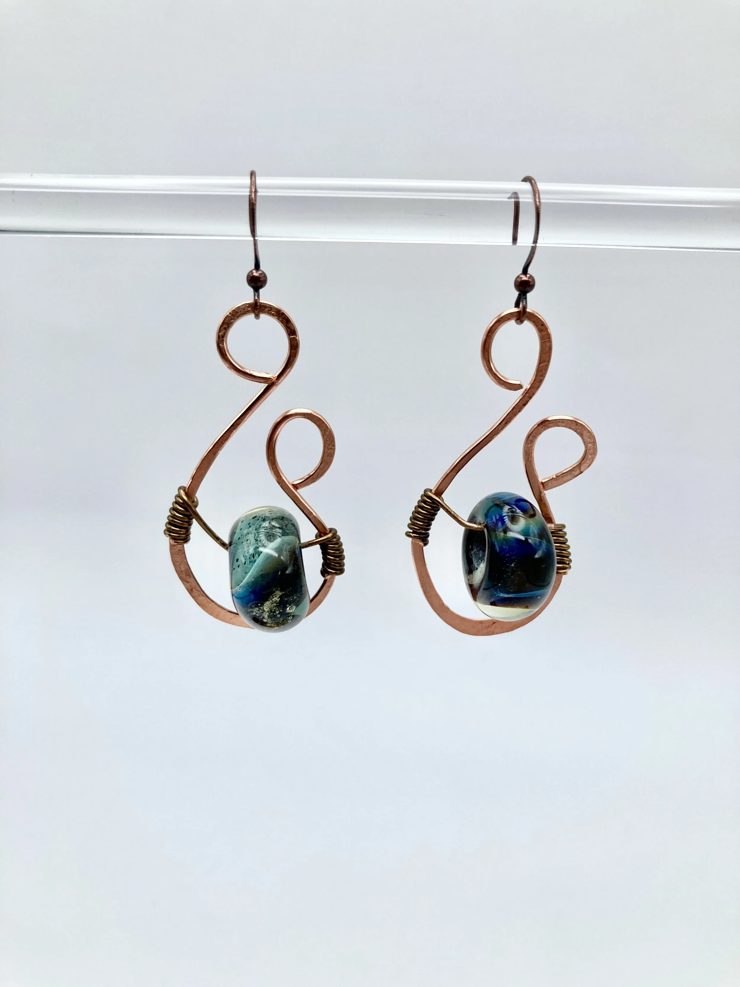 earrings w mixed green glass beads in copper frame