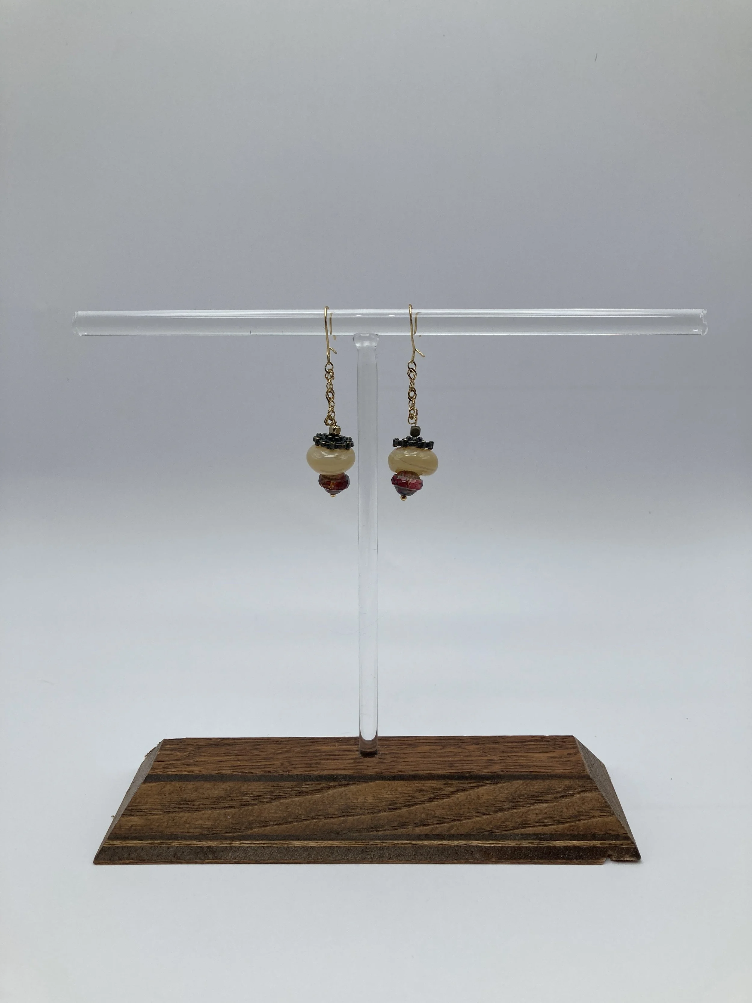 earrings in cream glass bead on gold chain w Czech glass bead
