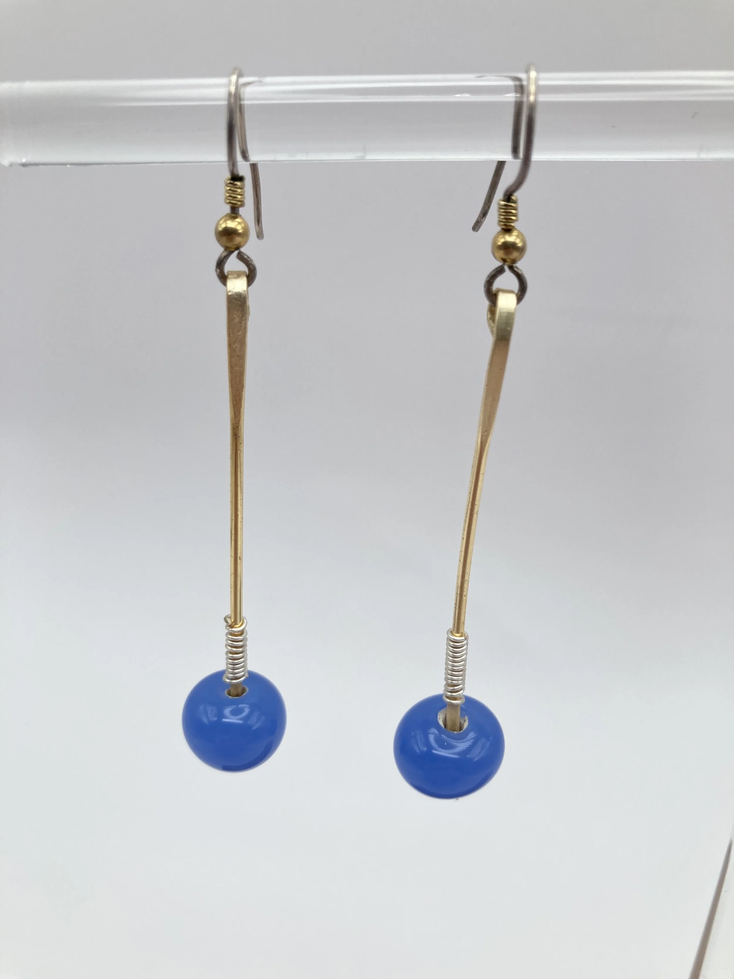 earrings w blue glass beads on silver wire