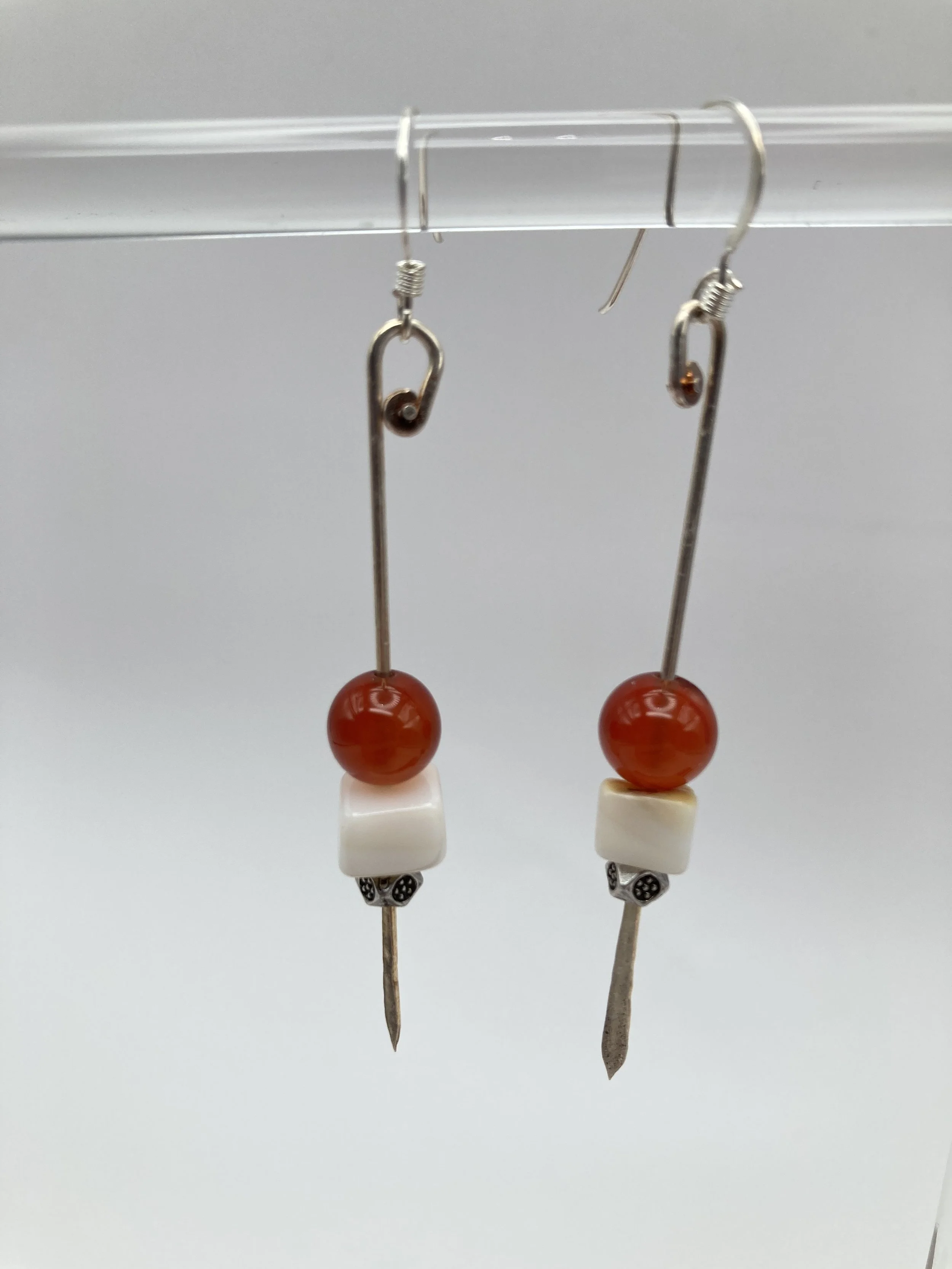 earrings carnilion & quartz square on sterling silver wire