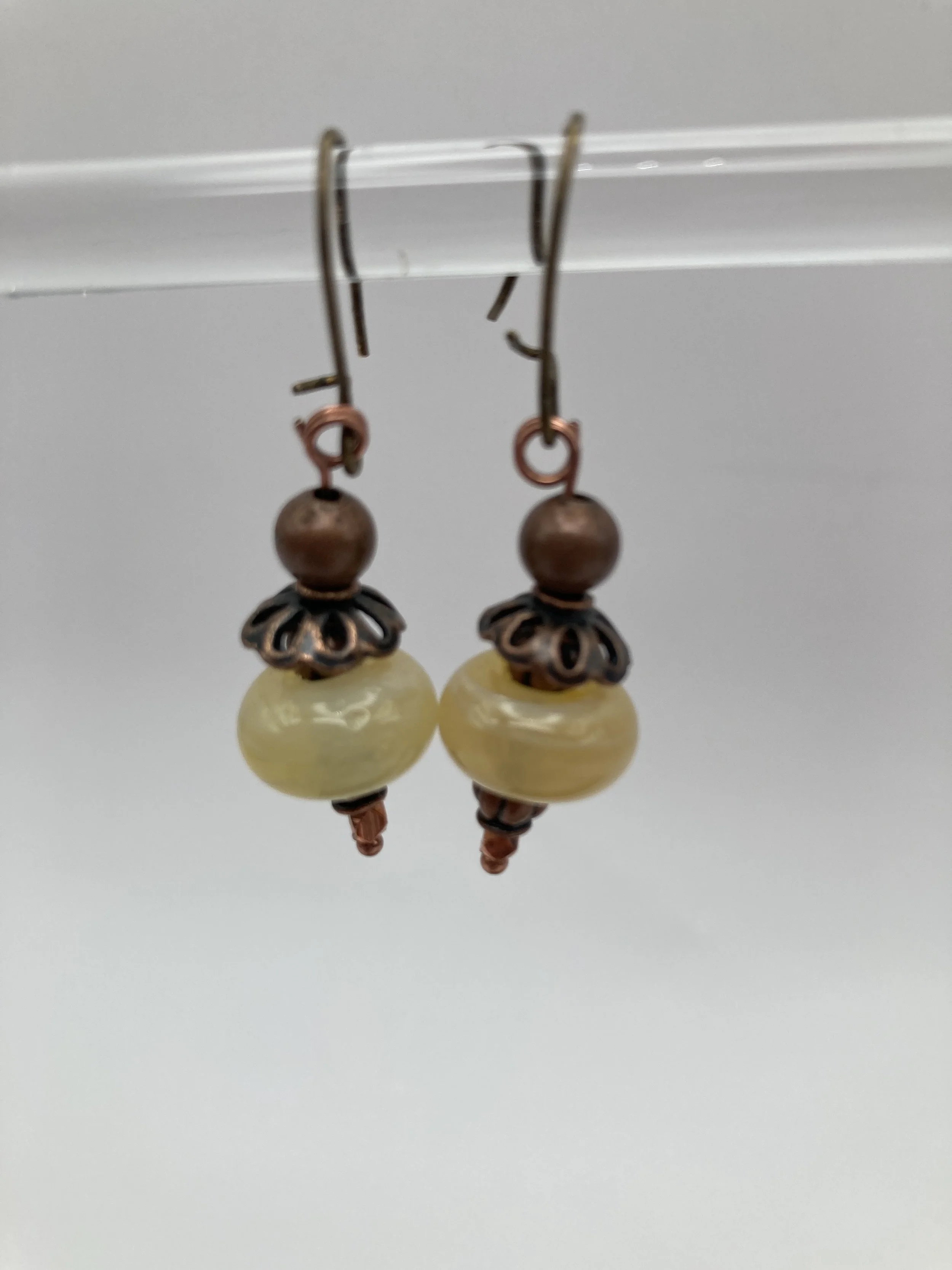 earrings w cream glass beads, copper cap & accent