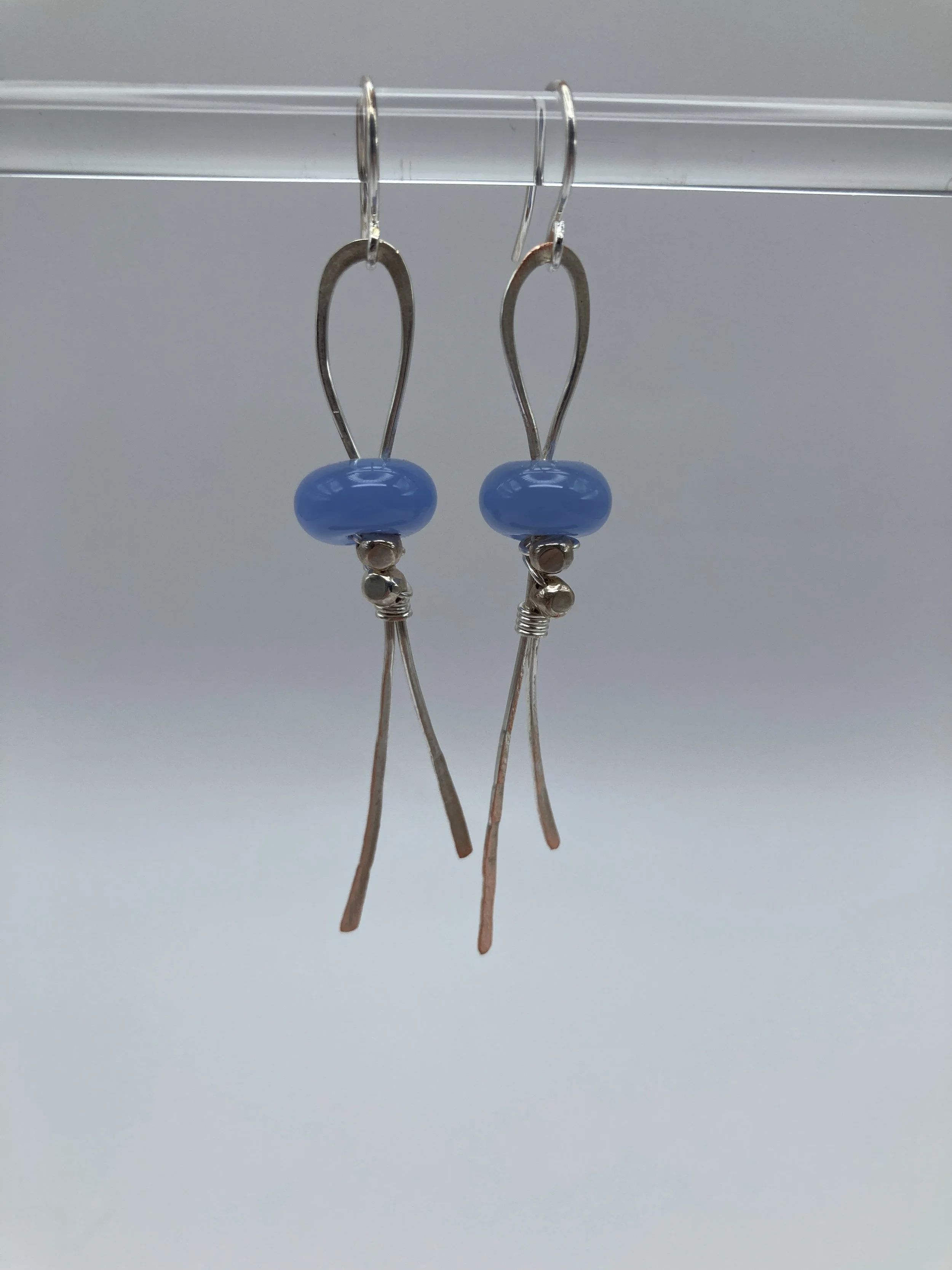 earrings w milk blue glass drops on silver wrap