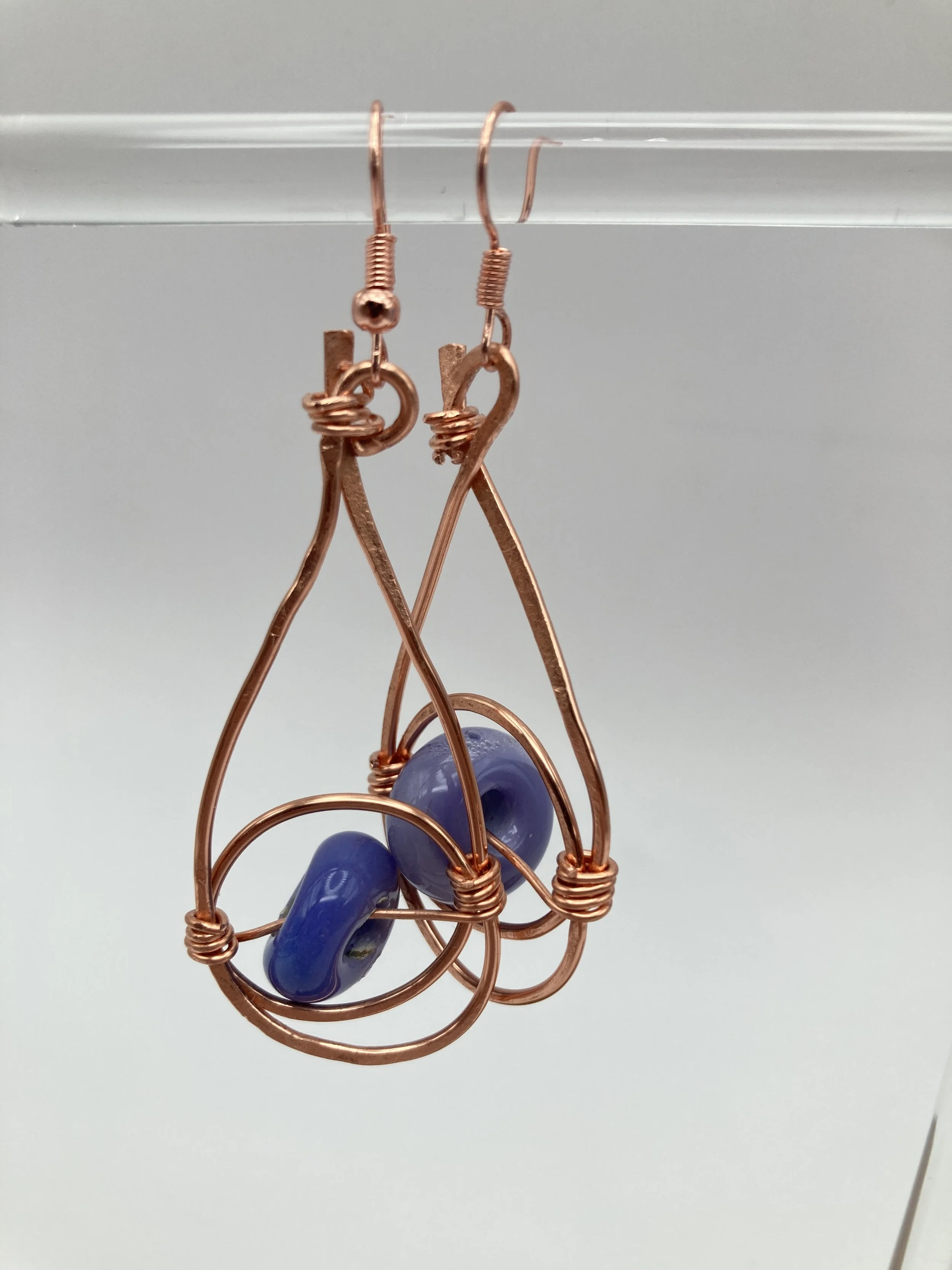 earrings w purple glass bead w copper surround