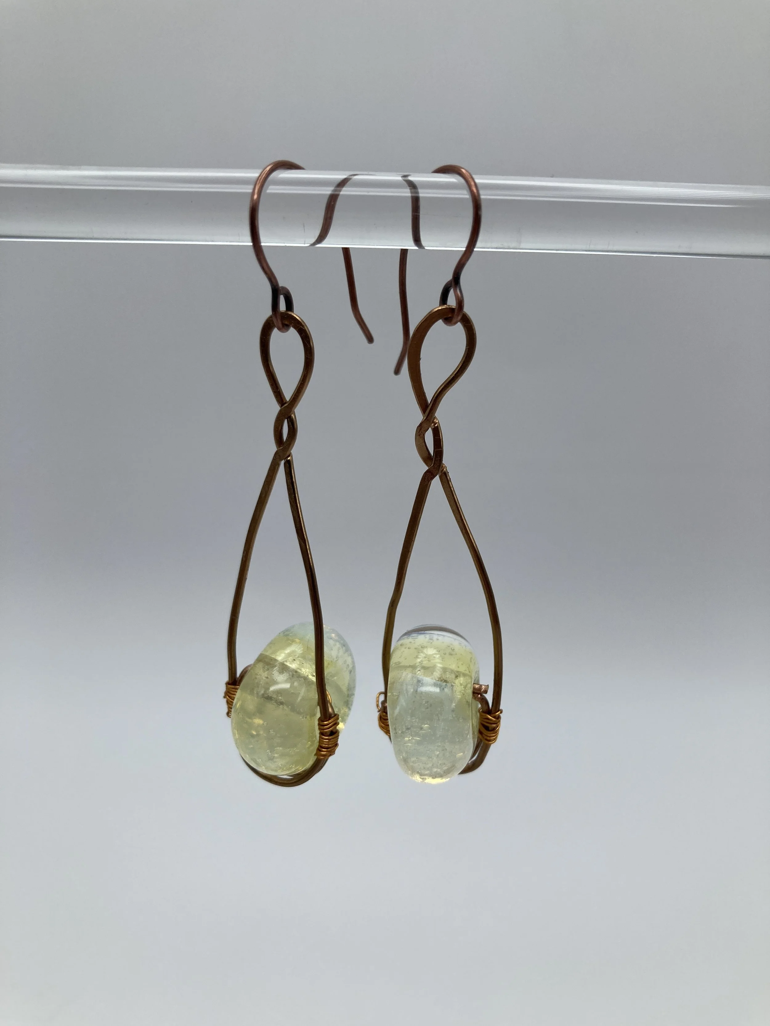 earrings w yellow clear glass beads in copper frame