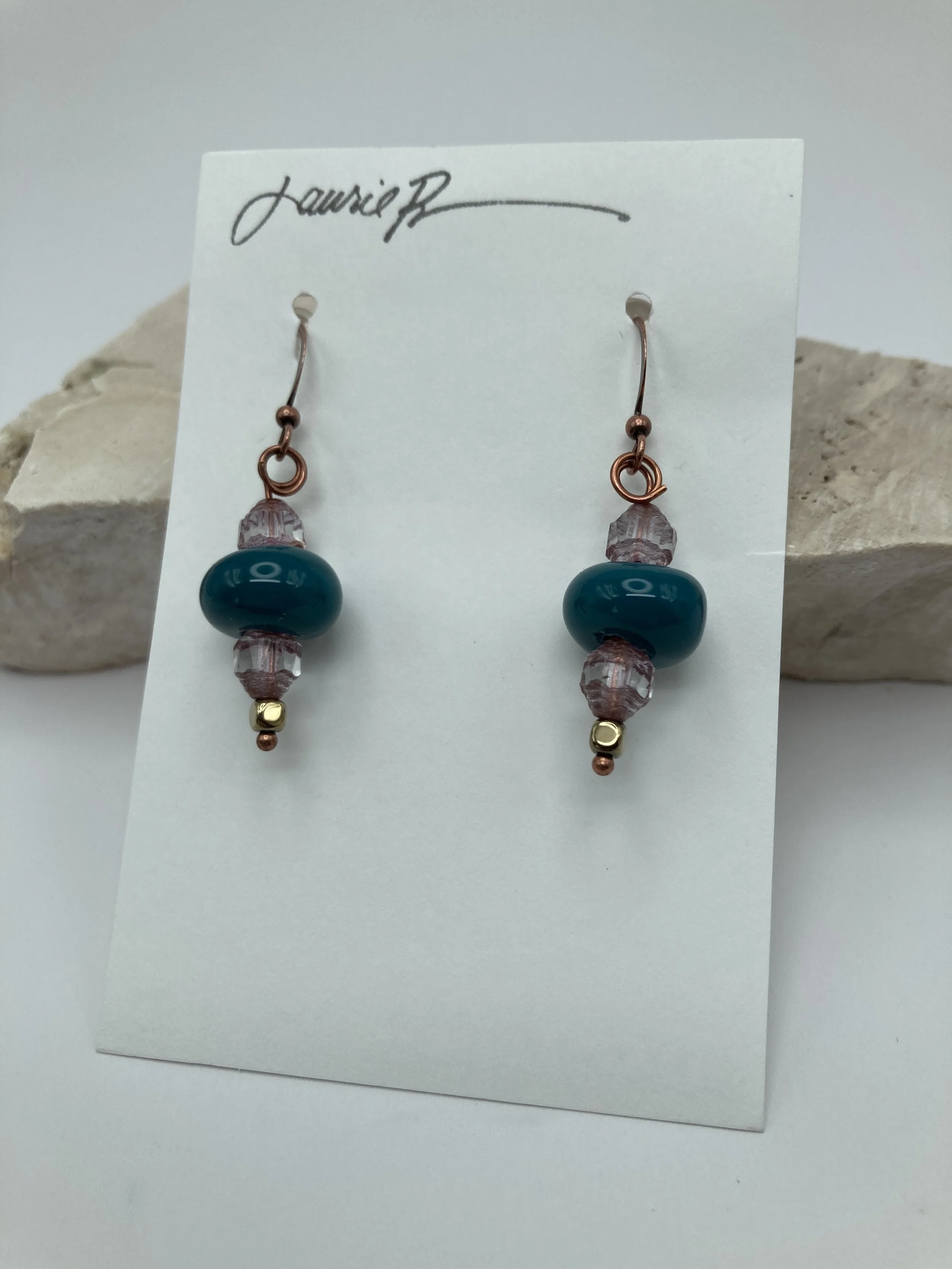 earrings in dark blue/red glass bead drops on silver wire