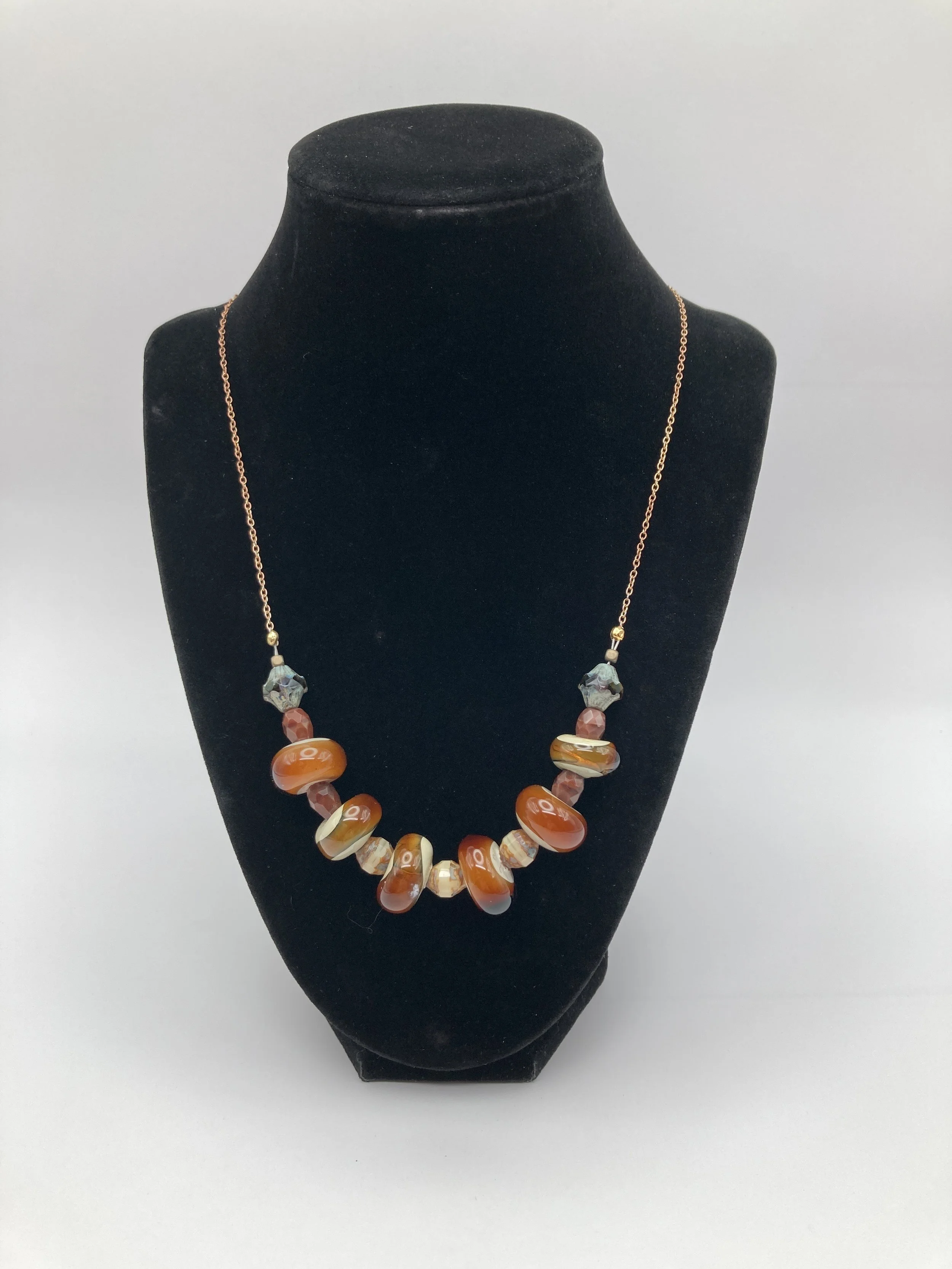 glass bead necklace w czech beads on gold chain