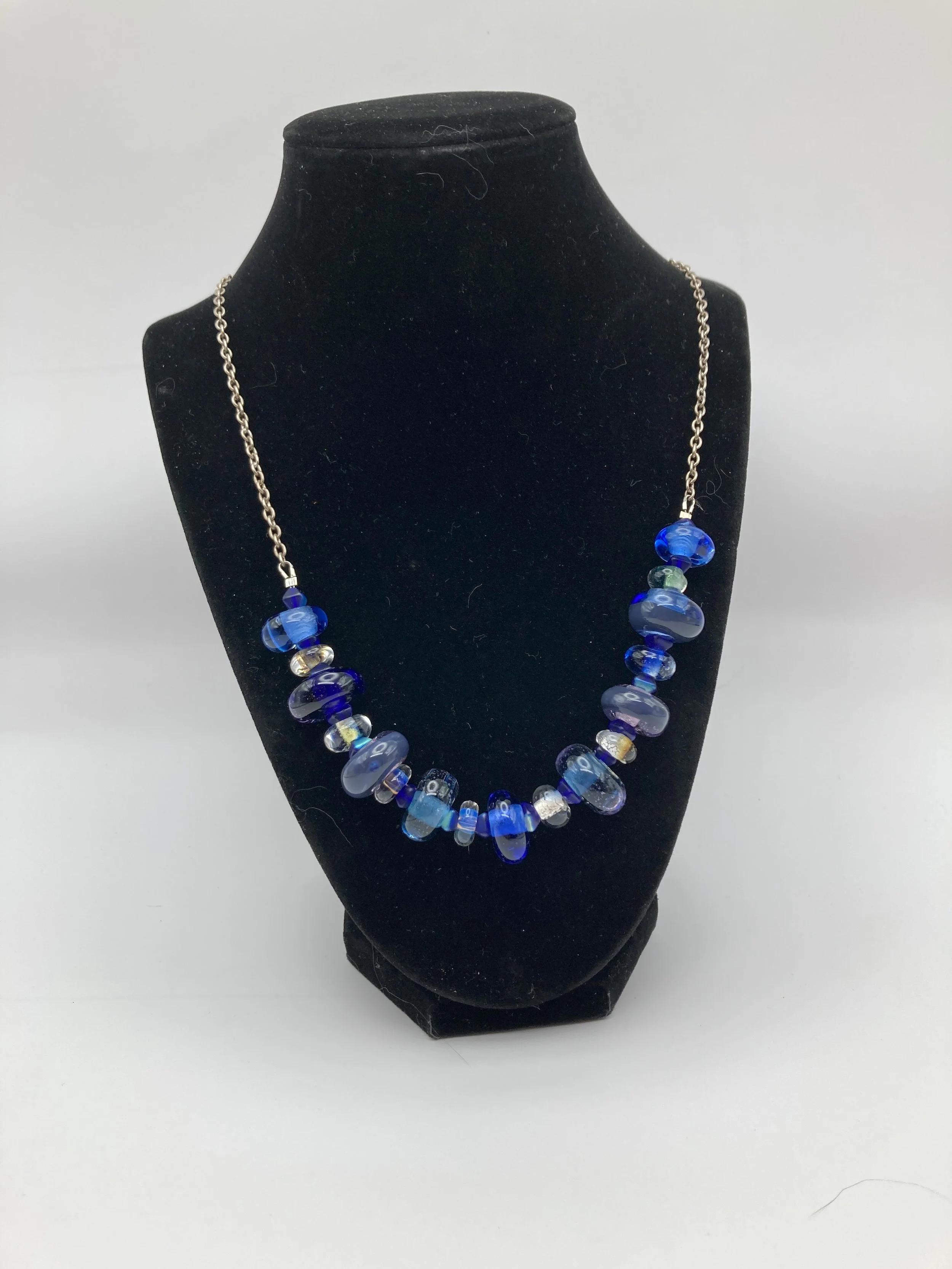 blue glass beads w czech beads on silver chain
