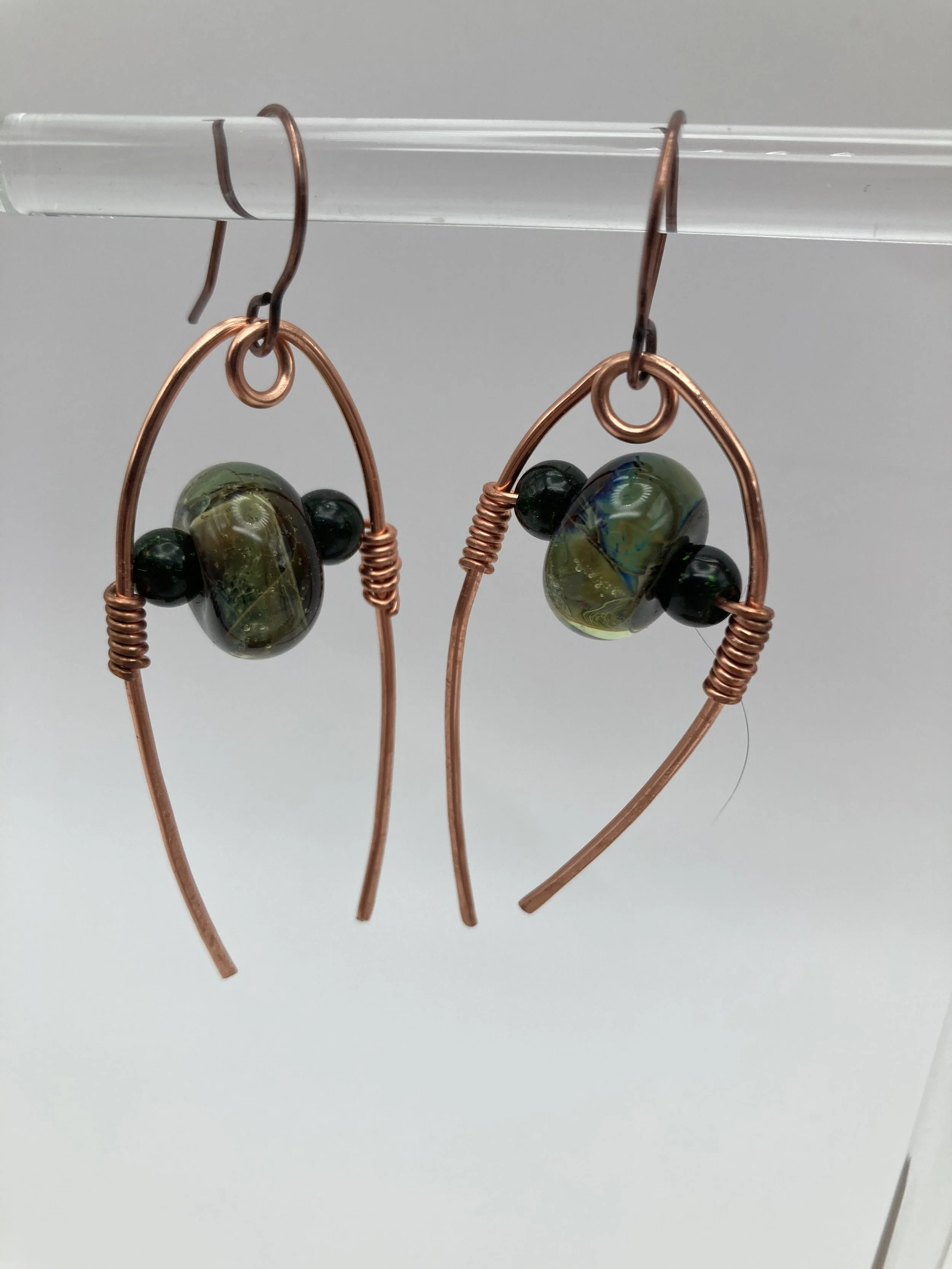 green glass beads in copper cap & beads