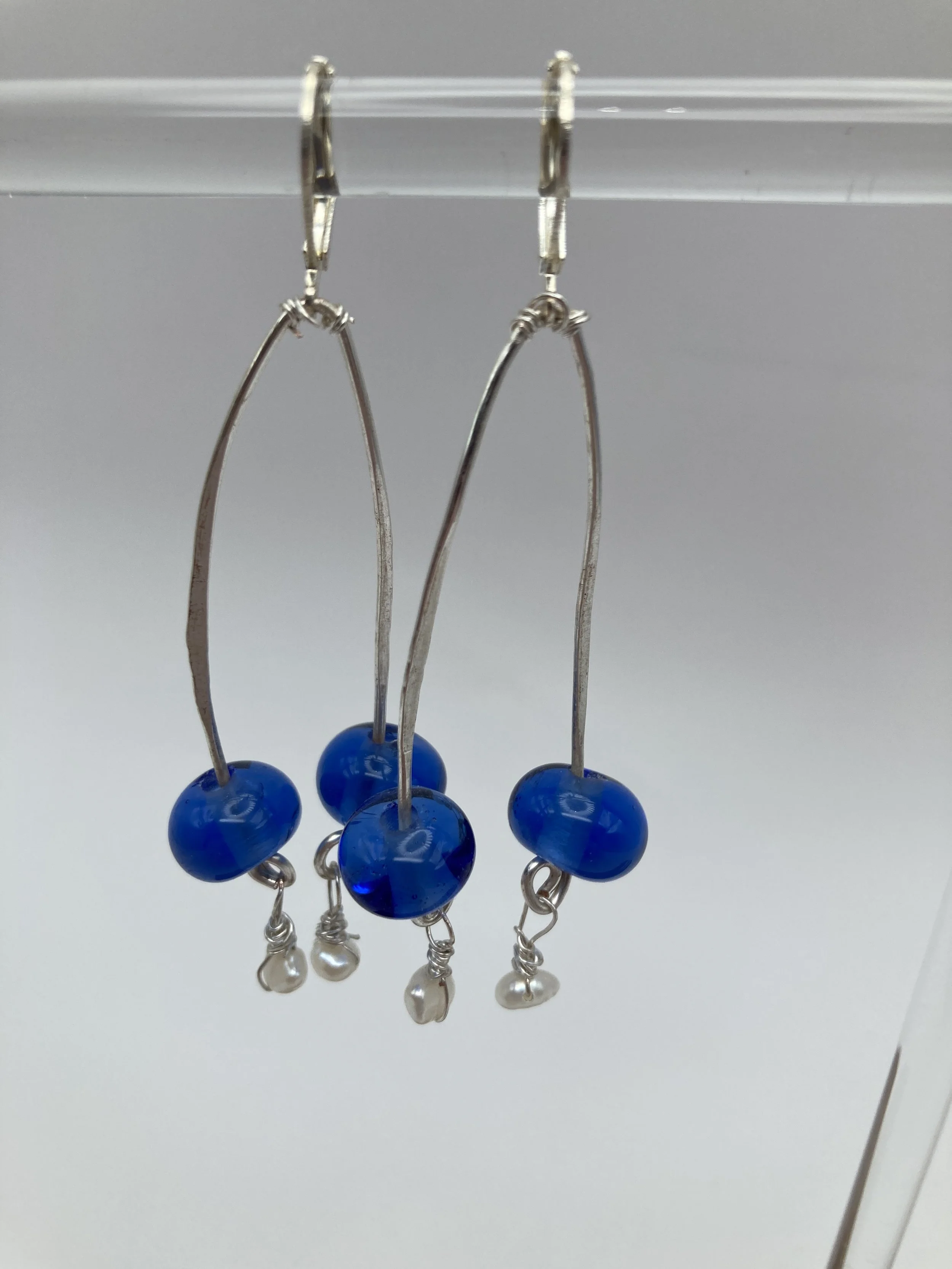 earrings w silver frame w blue glass beads & pearls at bottom