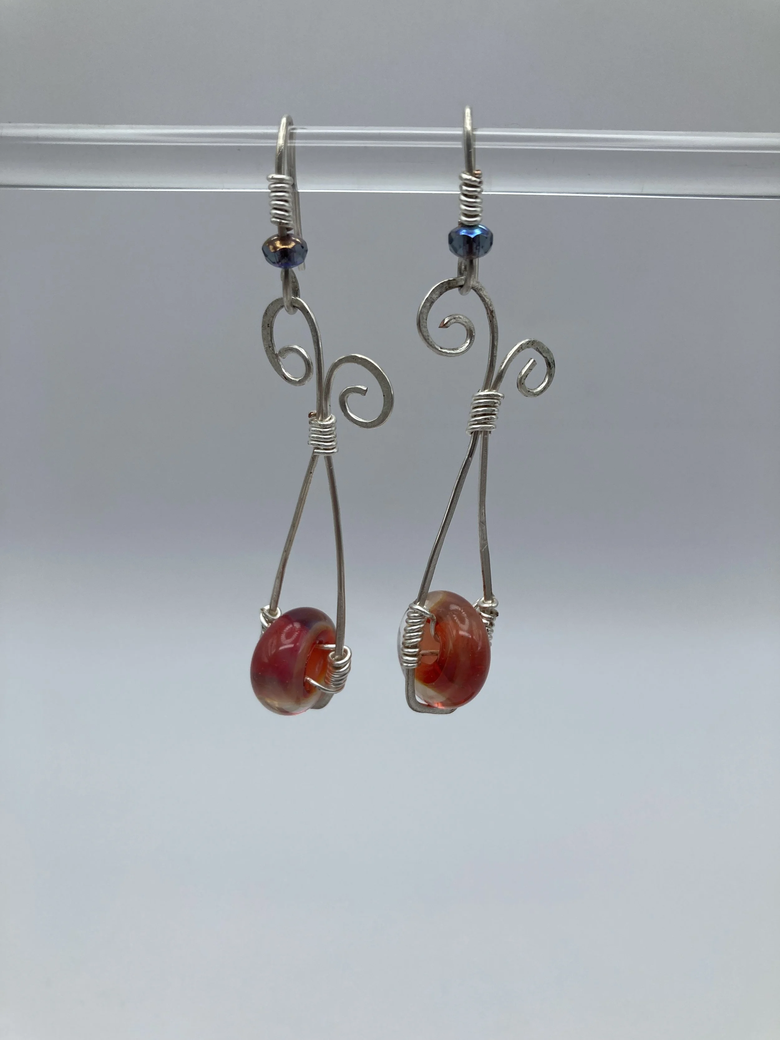 earrings w fancy silver wrap w red & clear glass beads