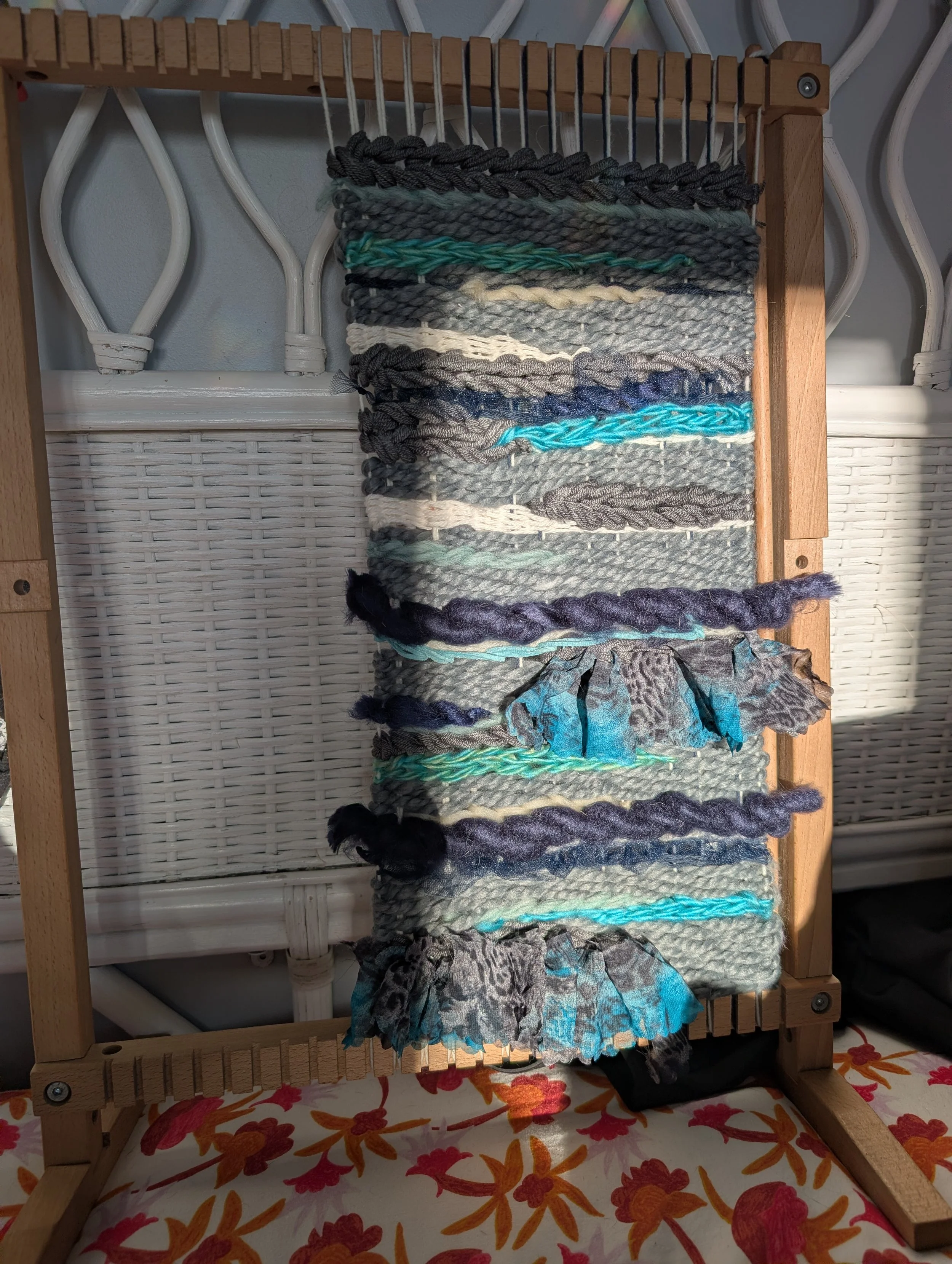 Gray and Blue Handmade Woven Wall Hanging Fiber Art by Holly Cromer