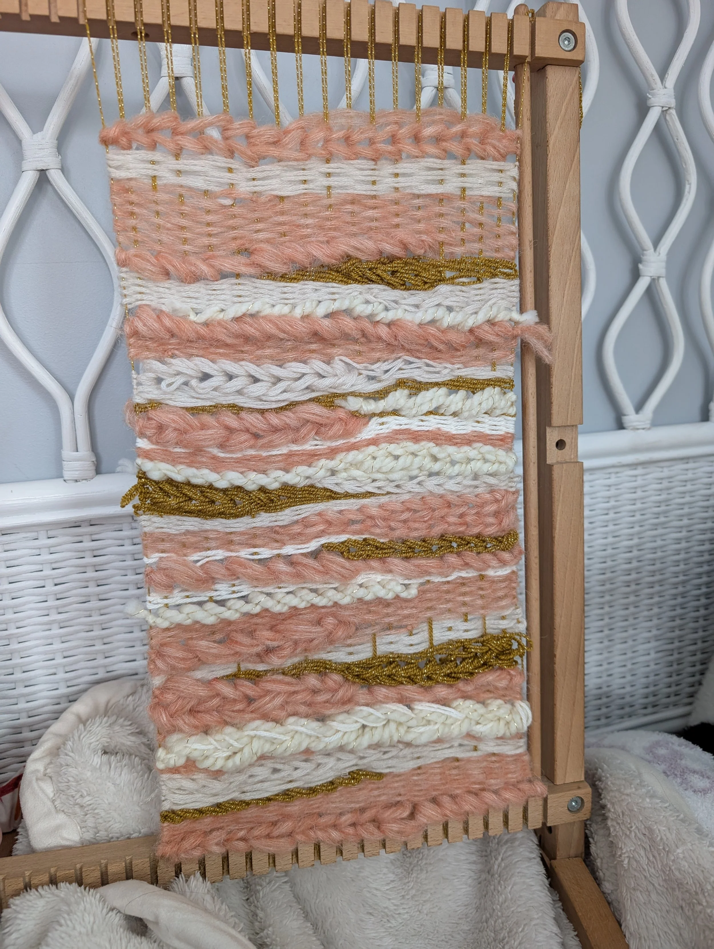 Peach, Gold, and White Handmade Woven Wall Hanging Fiber Art by Holly Cromer