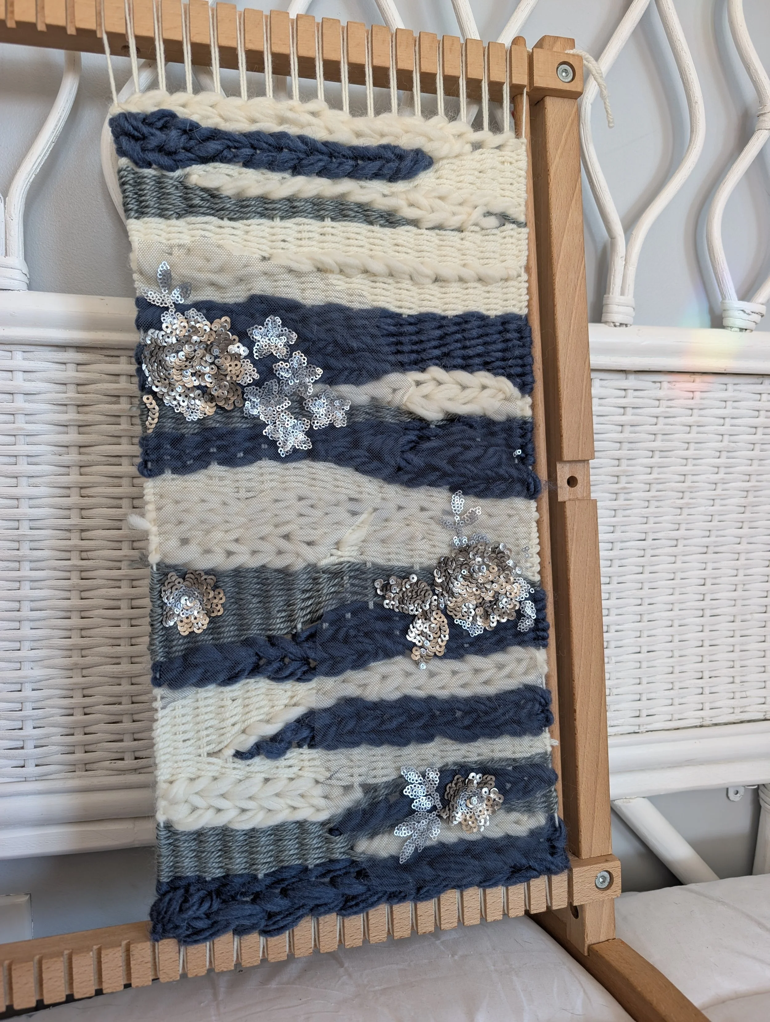 Blue, White, and Grey Woven Wall Hanging with Silver Sequins by Holly Cromer