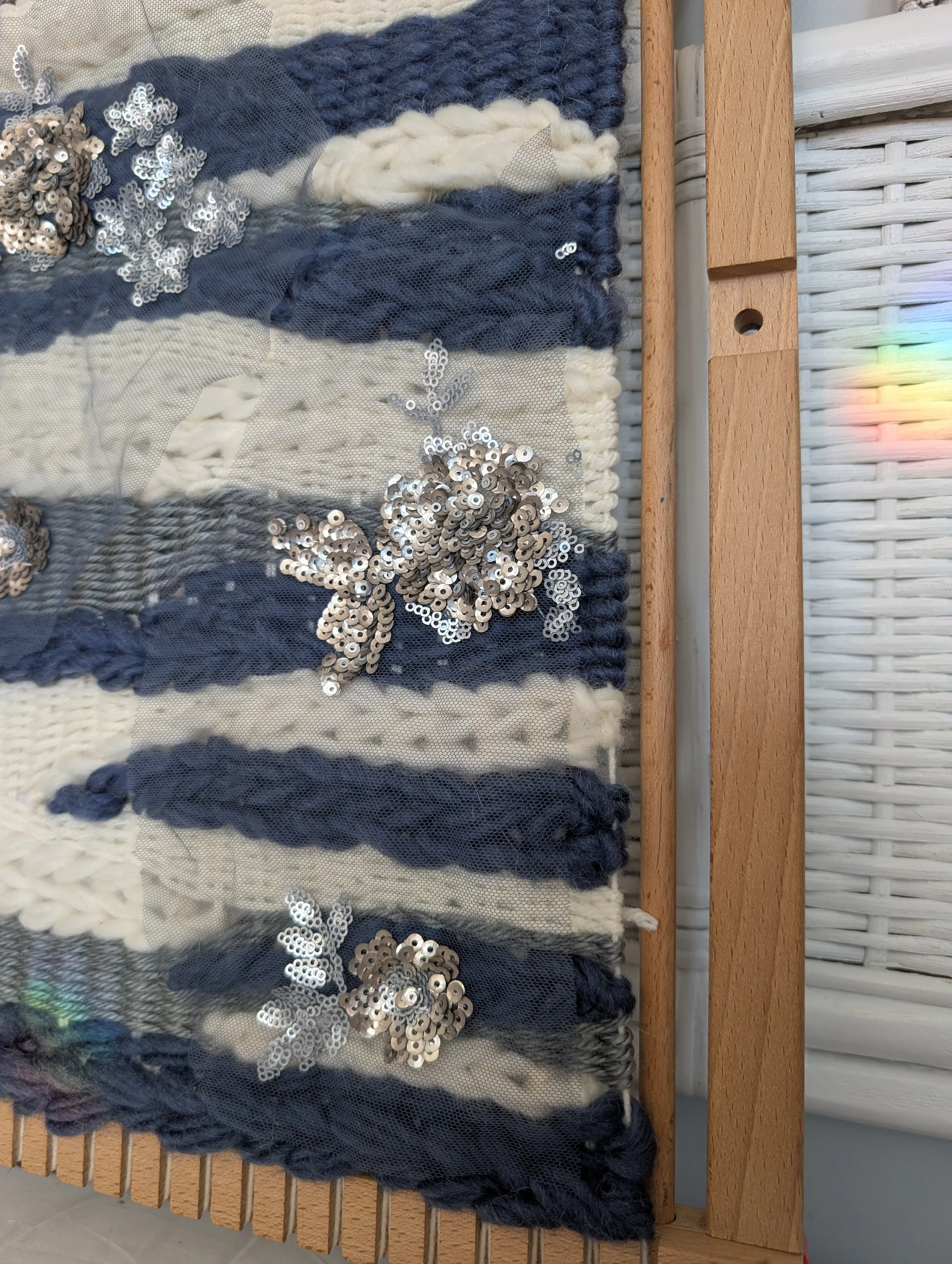Blue, White, and Grey Woven Wall Hanging with Silver Sequins by Holly Cromer