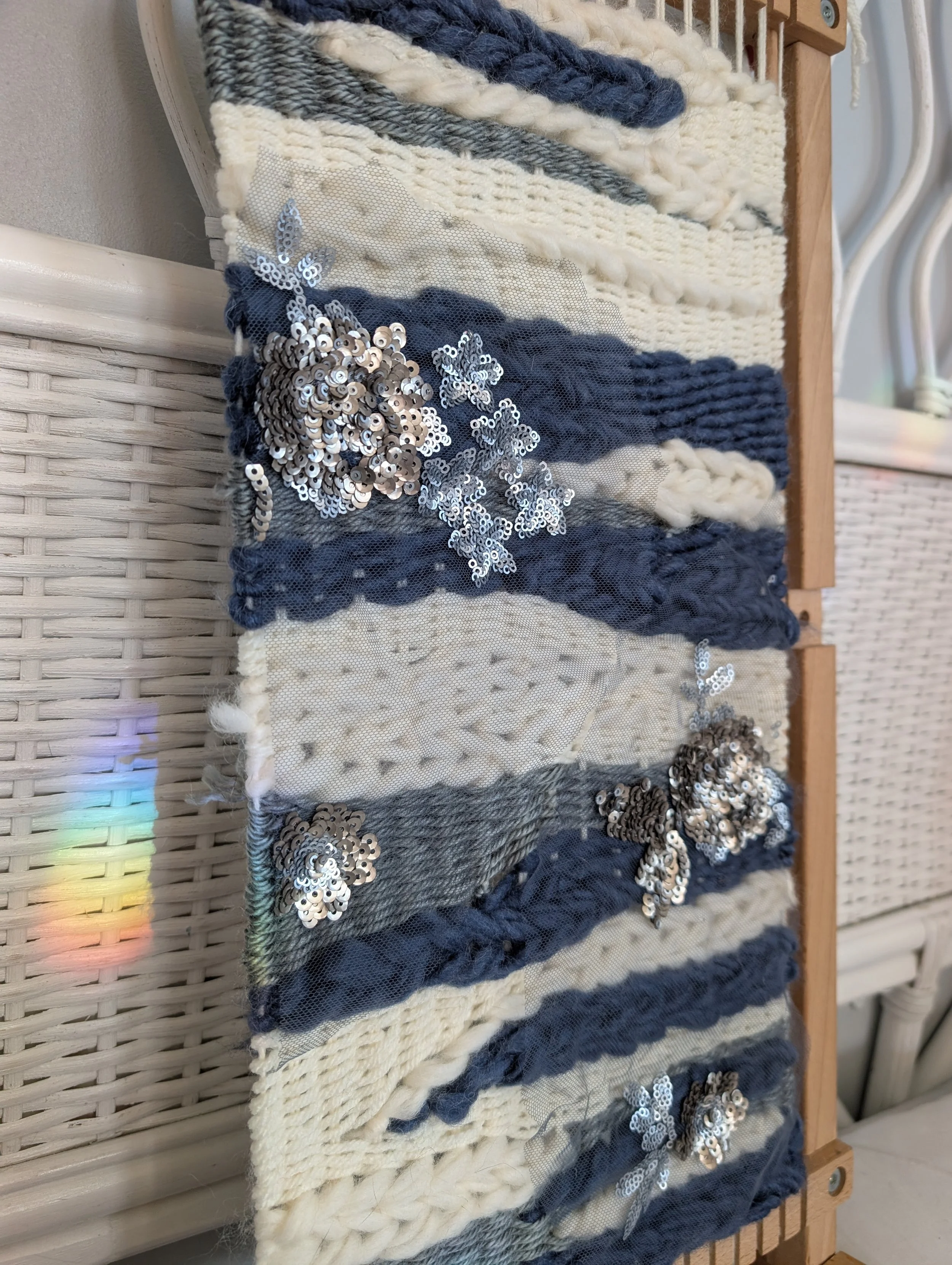 Blue, White, and Grey Woven Wall Hanging with Silver Sequins by Holly Cromer