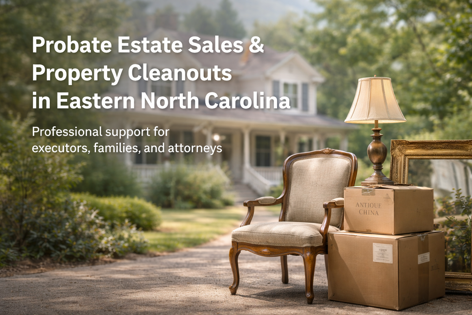 A porch scene with moving boxes, an antique chair, a table lamp, and a picture frame in front of a house with trees.