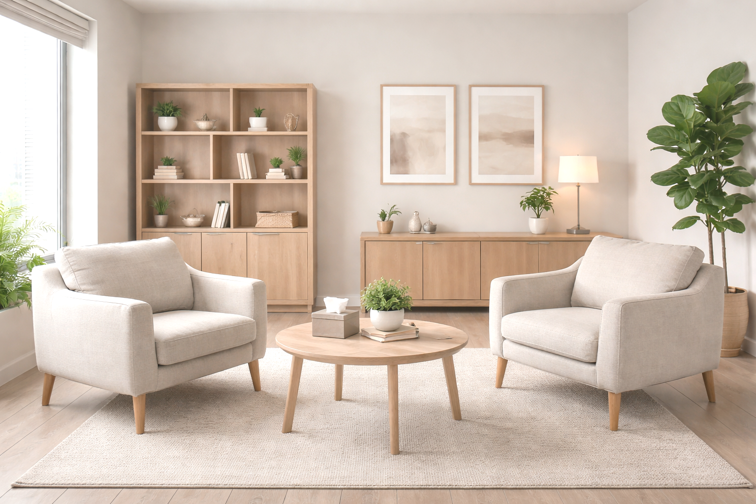 Bright living room with two beige armchairs, a round wooden coffee table, a white area rug, a wooden sideboard, a tall wooden bookshelf adorned with potted plants and books, framed artwork, a floor lamp, and a large potted plant in the corner.