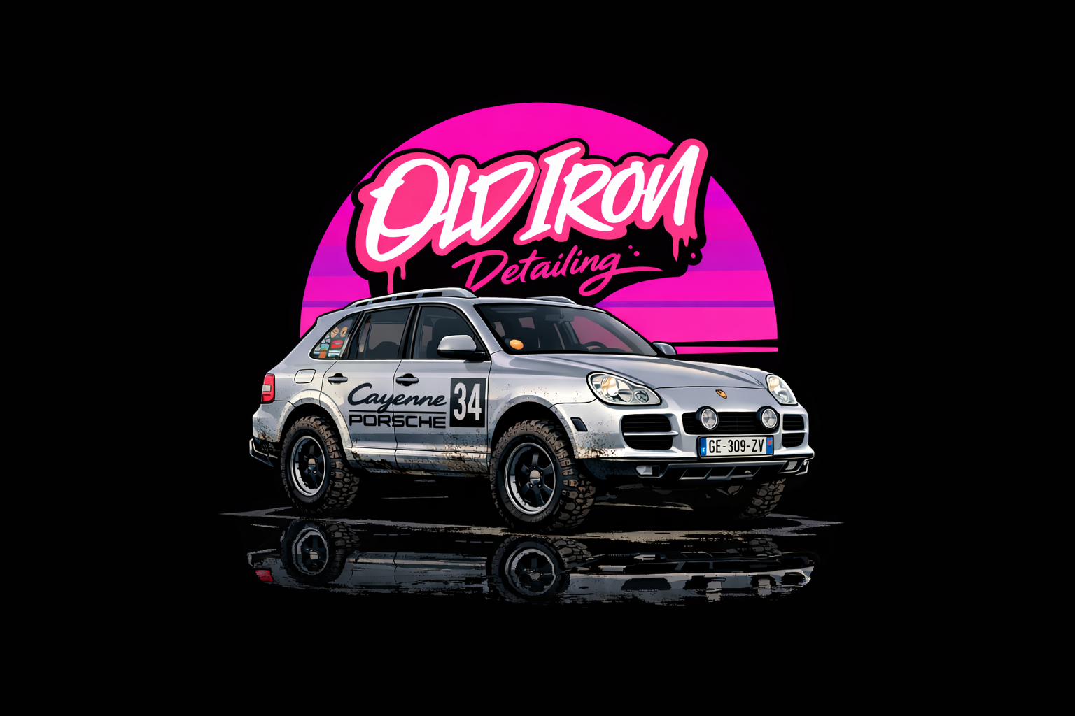 Une voiture Porsche Cayenne au style de rallye, avec des pneus tout-terrain, stationnée devant un fond noir avec un logo rétro rose et violet disant 'Old Ron Detailing'.
