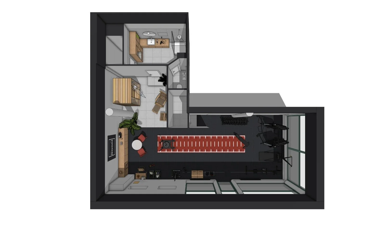 Top-down view of a modern apartment with a combined gym and living area, a workout space, a small bedroom, a bathroom, and a hallway.
