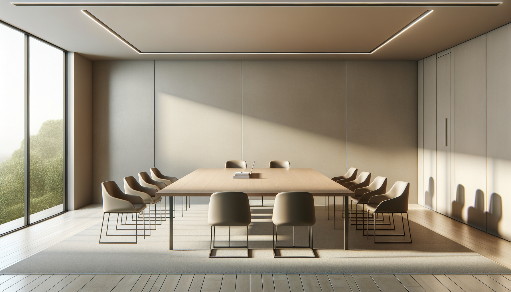 Modern conference room with a large wooden table, nine chairs, and a laptop and books in the center, with sunlight streaming in through glass walls.