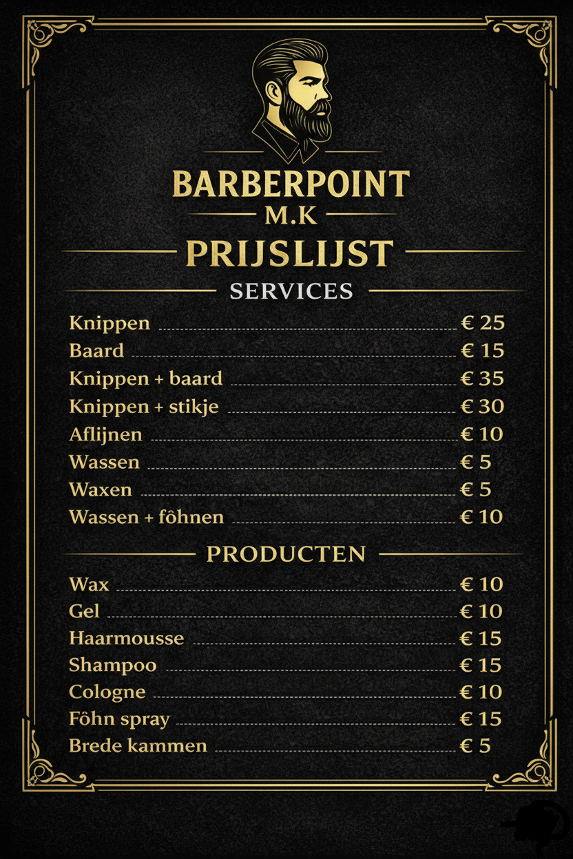 A vintage-style barber shop price list featuring services like haircut, beard trim, and shaving, with prices in euros, including an illustration of a man with a beard and styled hair at the top.