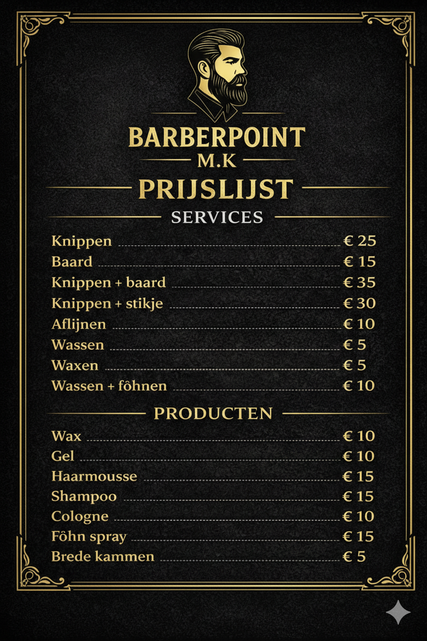 A price list for barbershop services and products, featuring a black background with gold decorative borders and text. It includes services like haircuts, beard trims, and hair washing, along with hair care products such as wax, gel, mousse, shampoo, cologne, and spray.