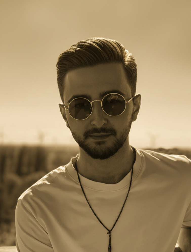 A man with styled light brown hair, wearing round sunglasses, a light-colored t-shirt, and a necklace, outdoors during sunset or sunrise.