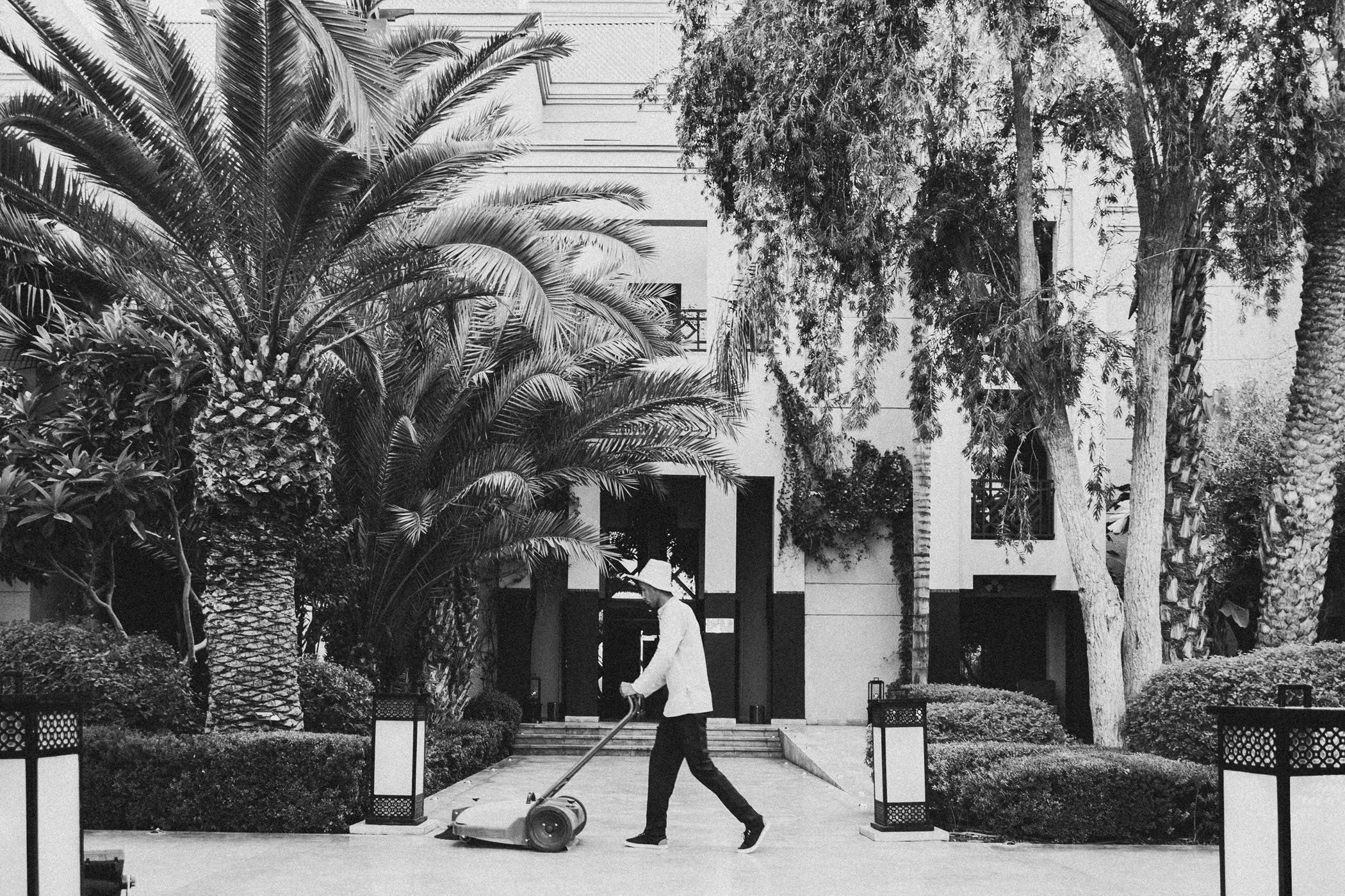 Hombre limpiando con máquina de limpieza en un jardín con palmeras y árboles frente a un edificio.