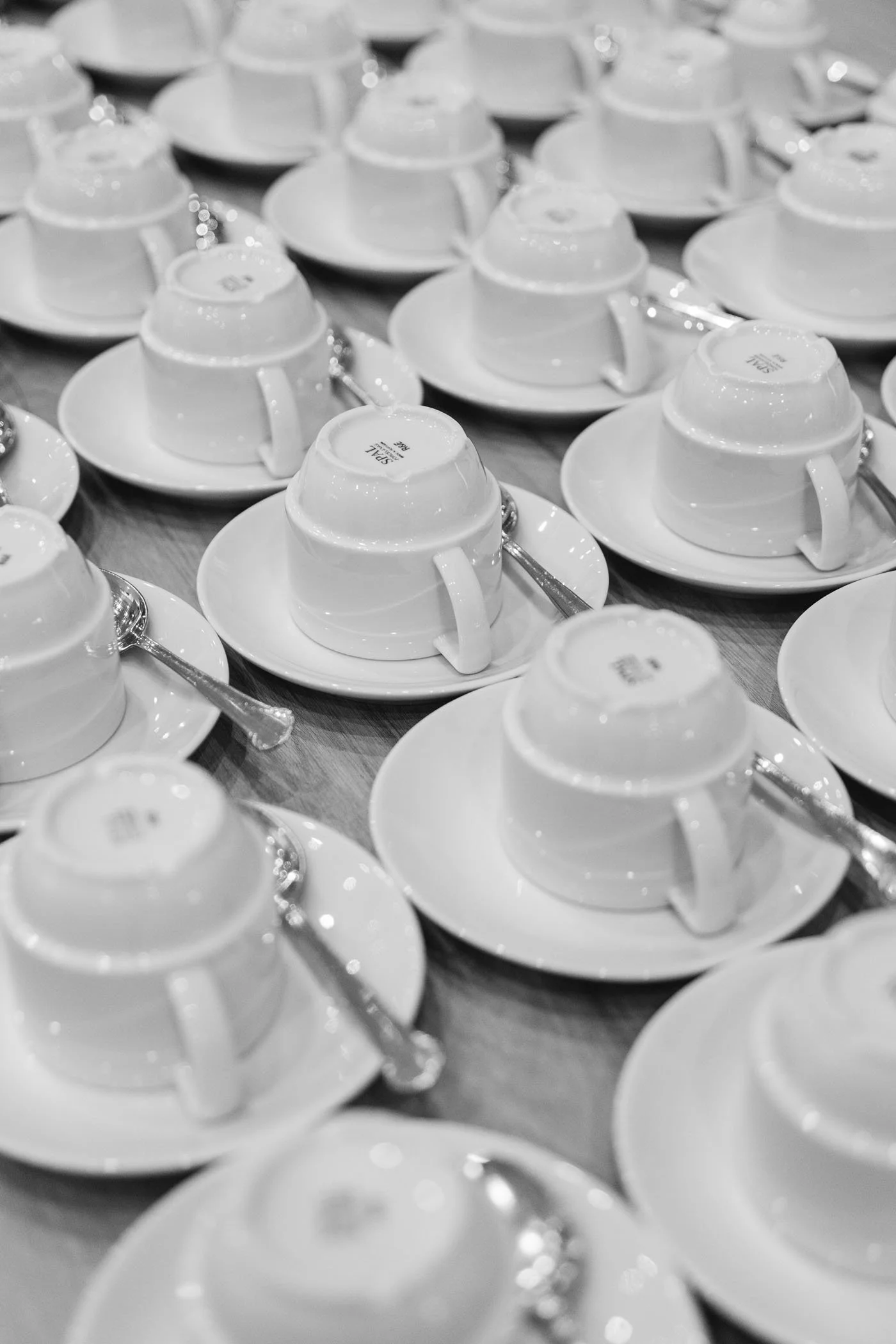 Conjunto de tazas de café blancas apoyadas en platos pequeños con cucharas, colocadas sobre una mesa de madera, todas las tazas tienen su respaldo visible en la parte inferior.