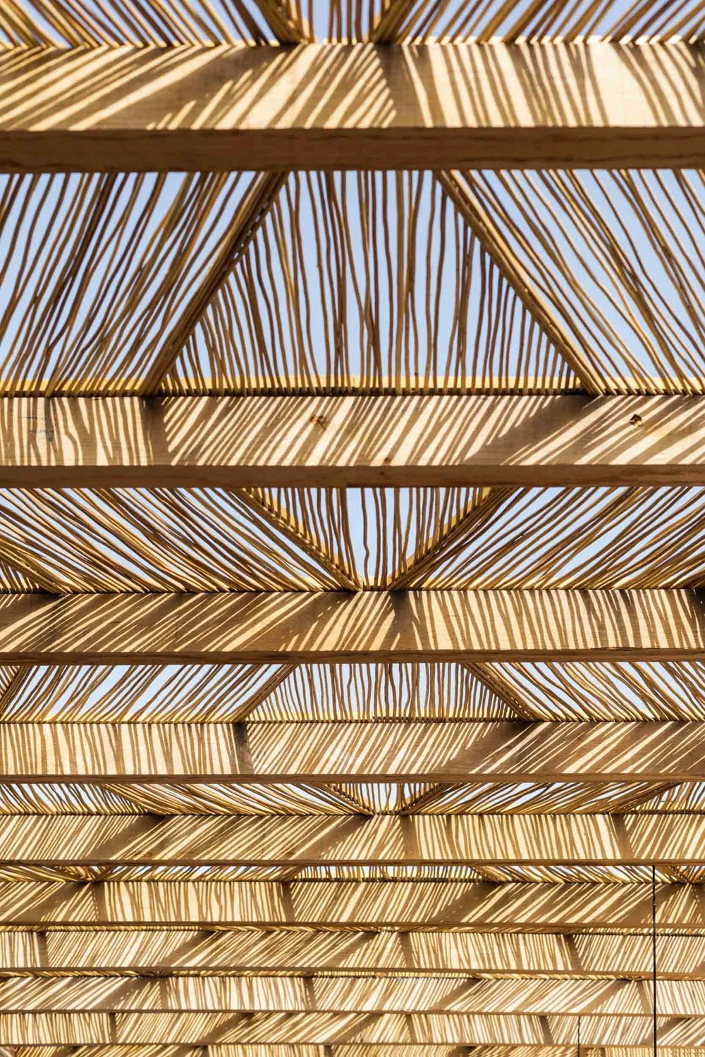 Estructura de techo de cañas de palma, sombras proyectadas por el sol, cielo visible en el fondo.