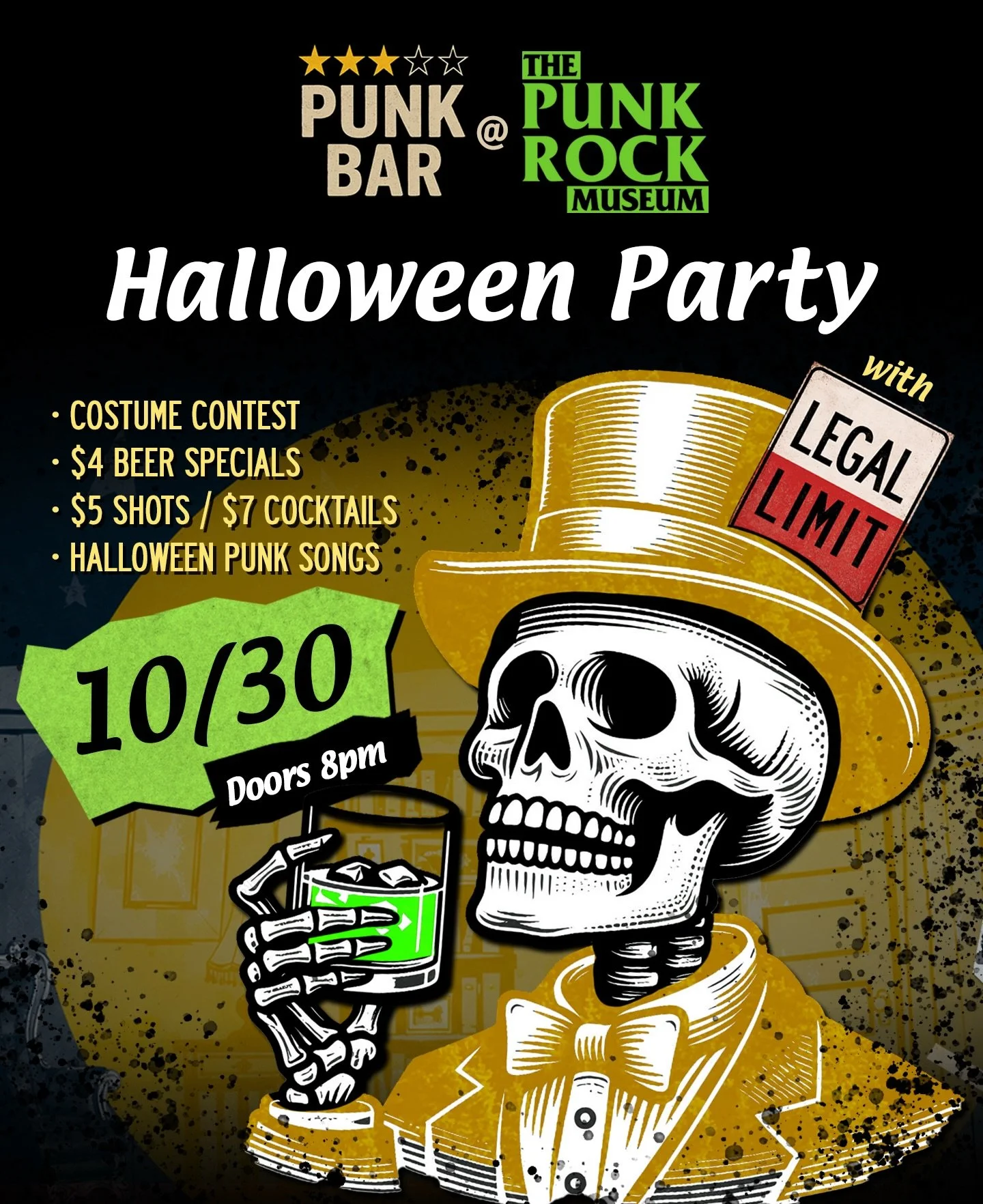 🎃 HALLOWEEN AT THE PUNK ROCK MUSEUM!
🦇 10/30 at 8p
👻🎸 Spooky Punk Covers with @legallimitlv 
💃 Costume contest 🏆 Prizes for 1st, 2nd, 3rd!
🕯️ FREE SHOW!! 🍻 CHEAP DRINKS!! 

&hellip;and a special nod to the greatest musical of all time #TheNig