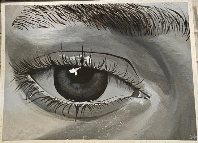 A detailed black and white drawing of a human eye with realistic eyelashes and eyebrows.