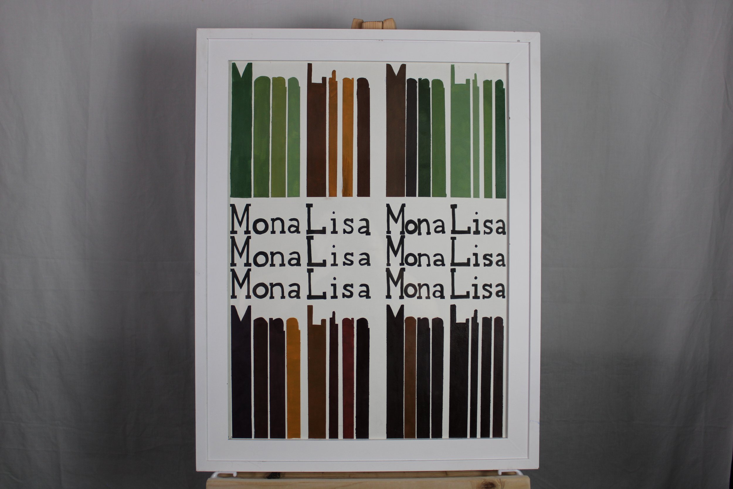 Colorful artwork featuring vertical paint swatches in green, brown, orange, and black, with the repeated name "Mona Lisa" written below.