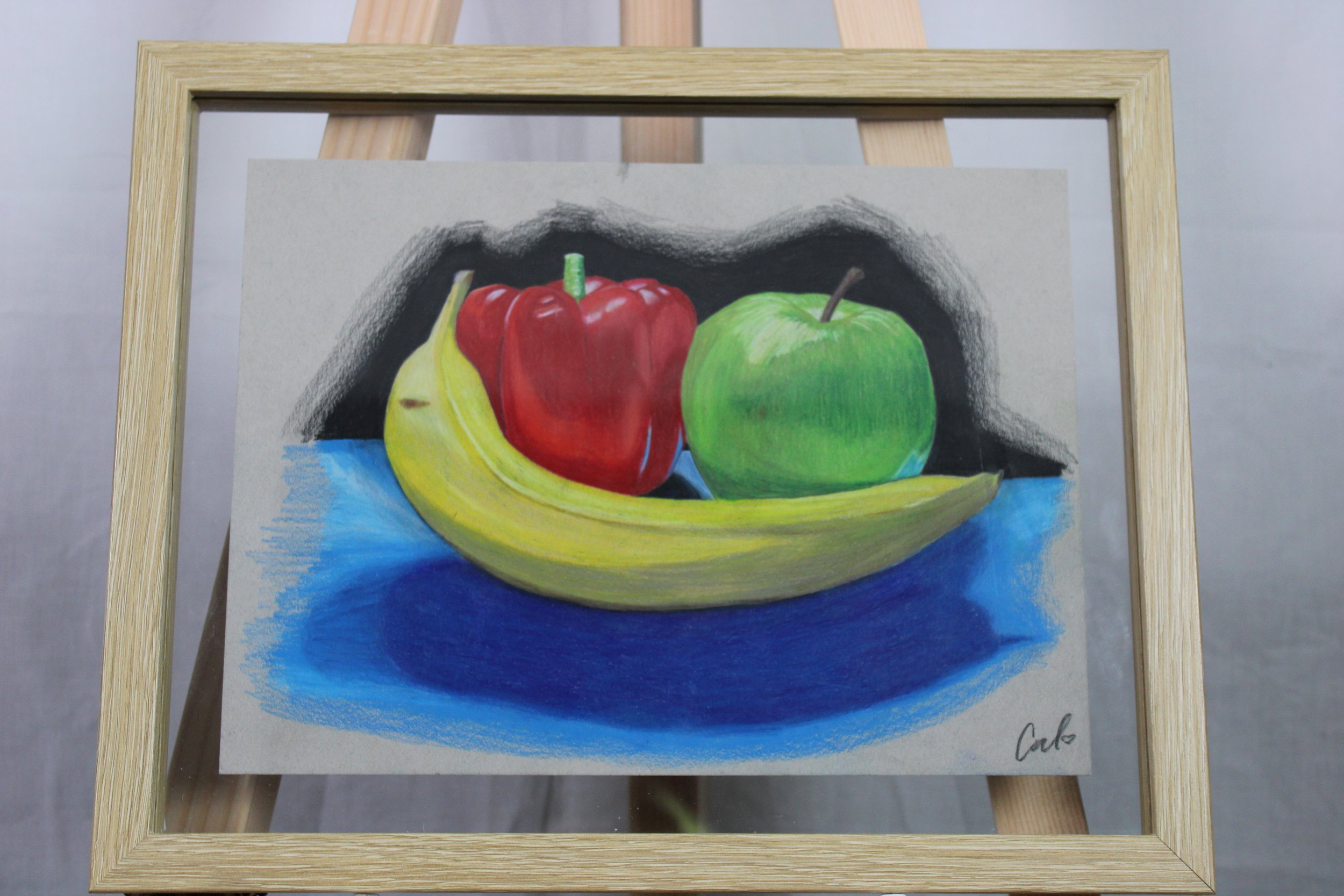 Painting of bananas, a red apple, and a green apple arranged on a blue surface with a black background, signed by the artist Carlo.