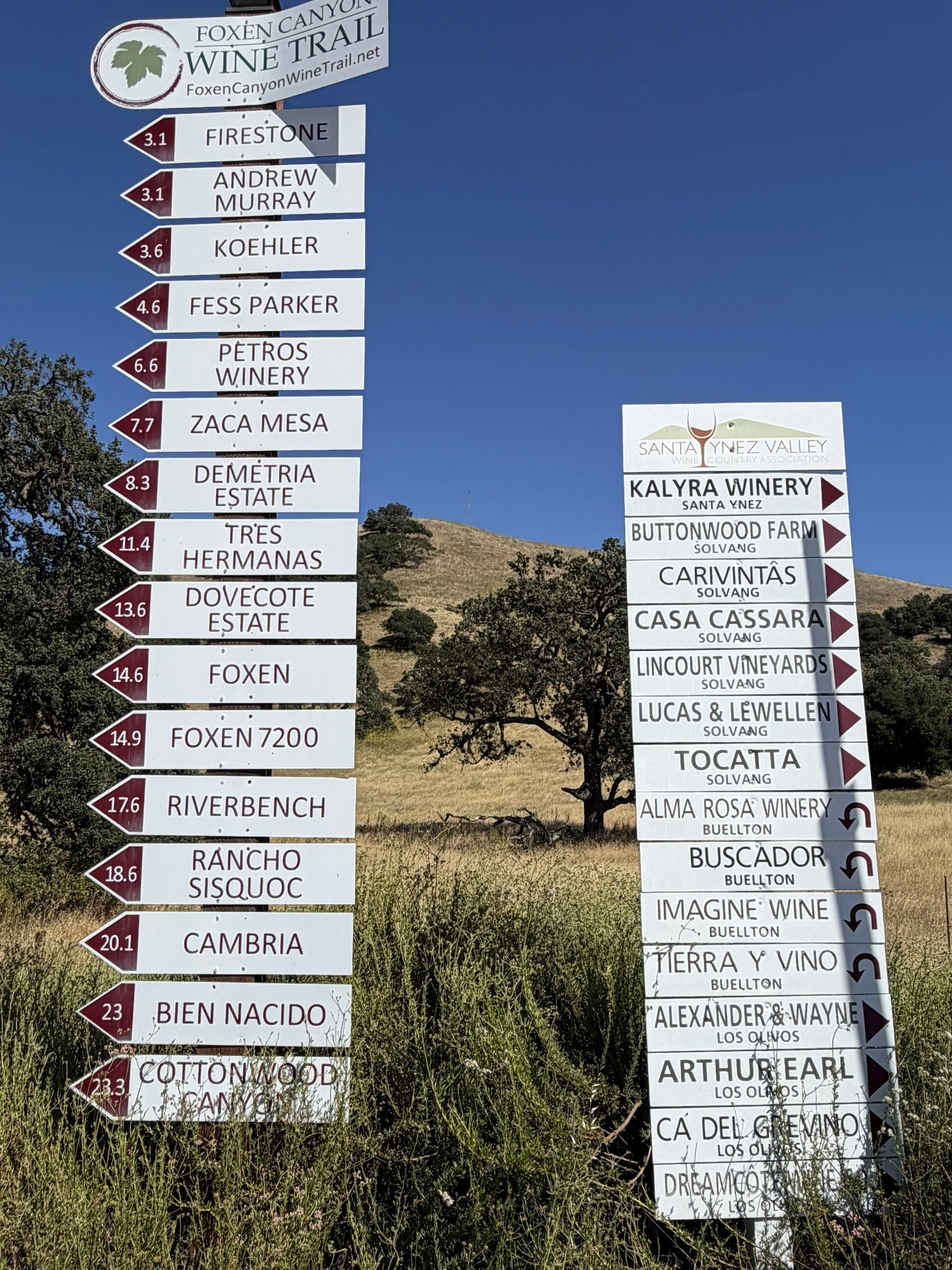 Two vertical directional signs on a roadside indicating various wineries and destinations along the Foxen Canyon Wine Trail. The signs list names and distances in miles, with one sign in color and the other in black and white. The background features