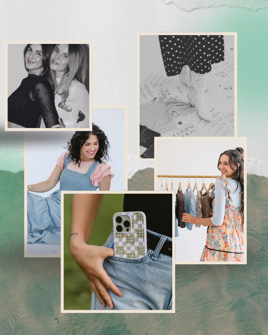 Collage of five photos featuring women, clothing, and mobile phones, with a mixed background of blue, green, and white textures.