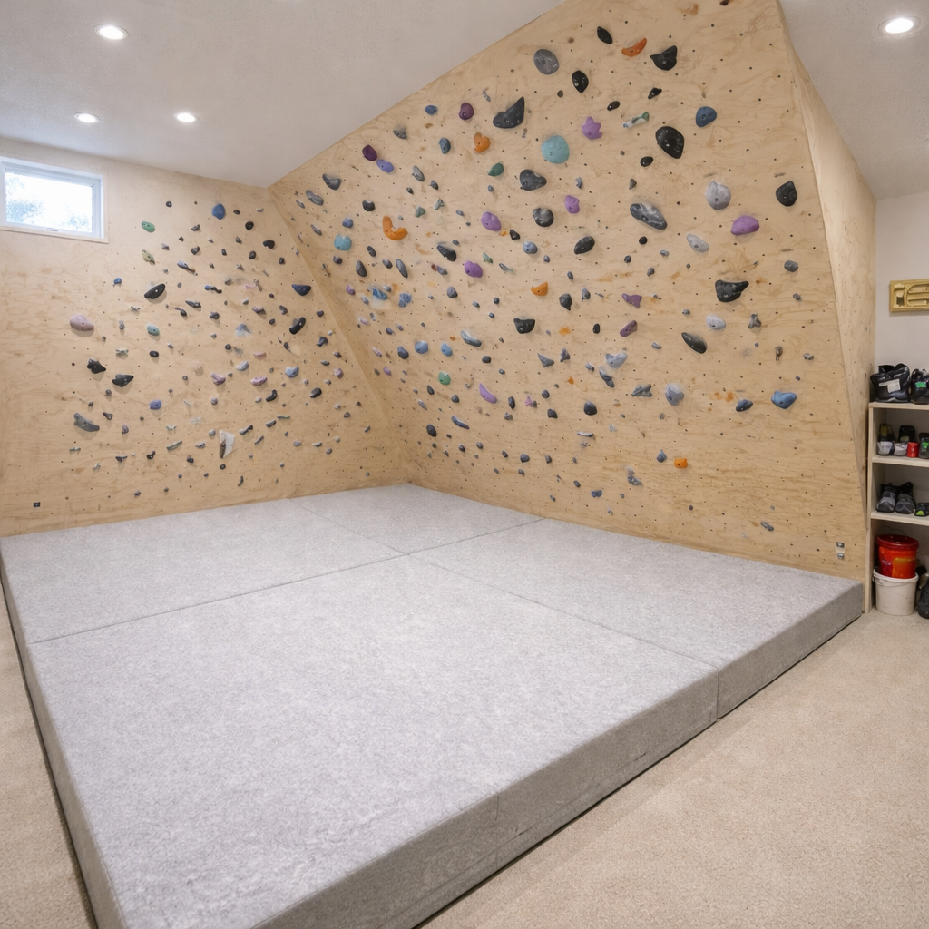 Light gray carpet-topped bouldering wall landing mats in a clean, modern house with a white panelized climbing wall. (Copy)