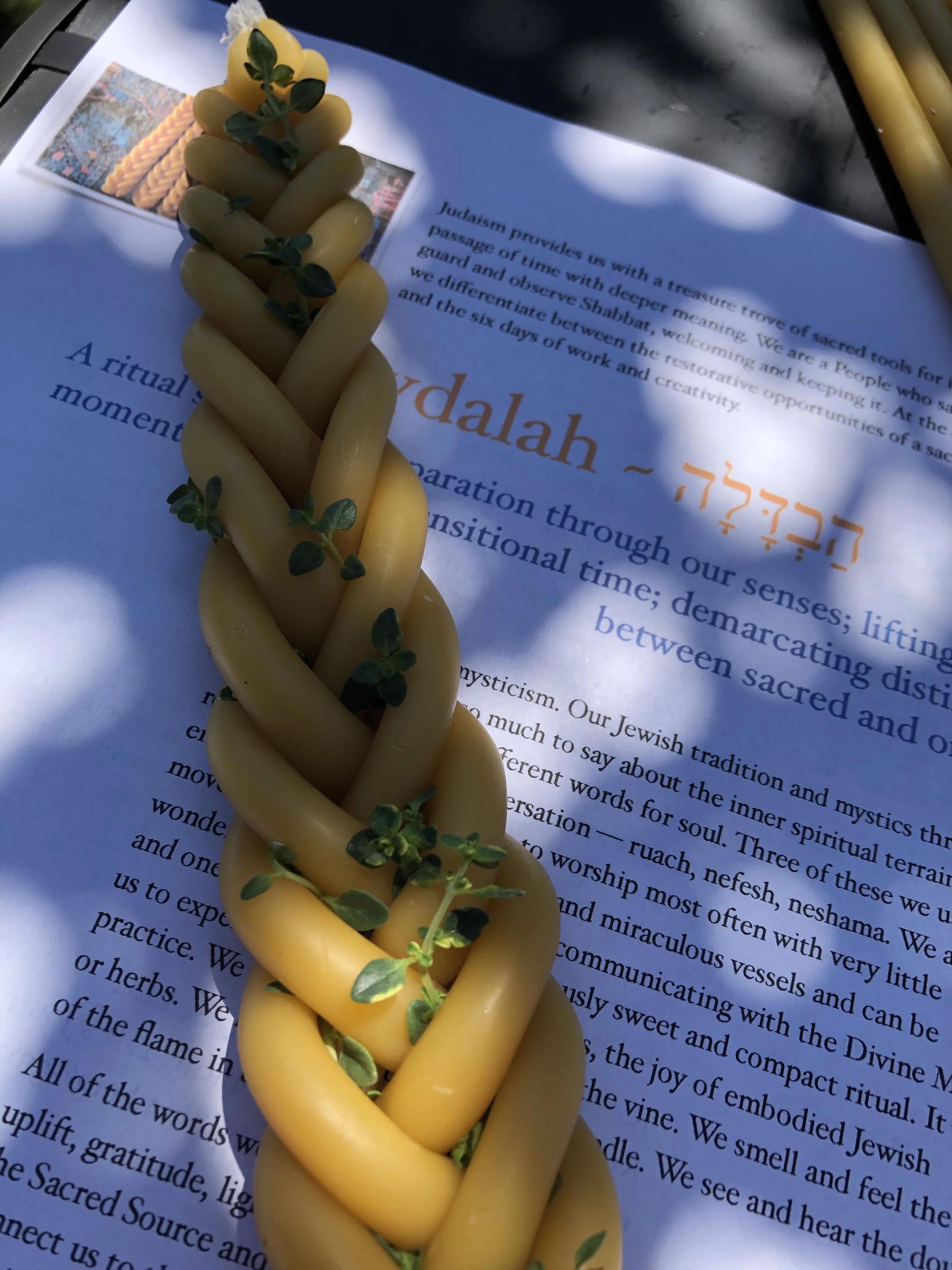 A twisted yellow candle with small green leaves and a sprig of greenery resting on a printed page.