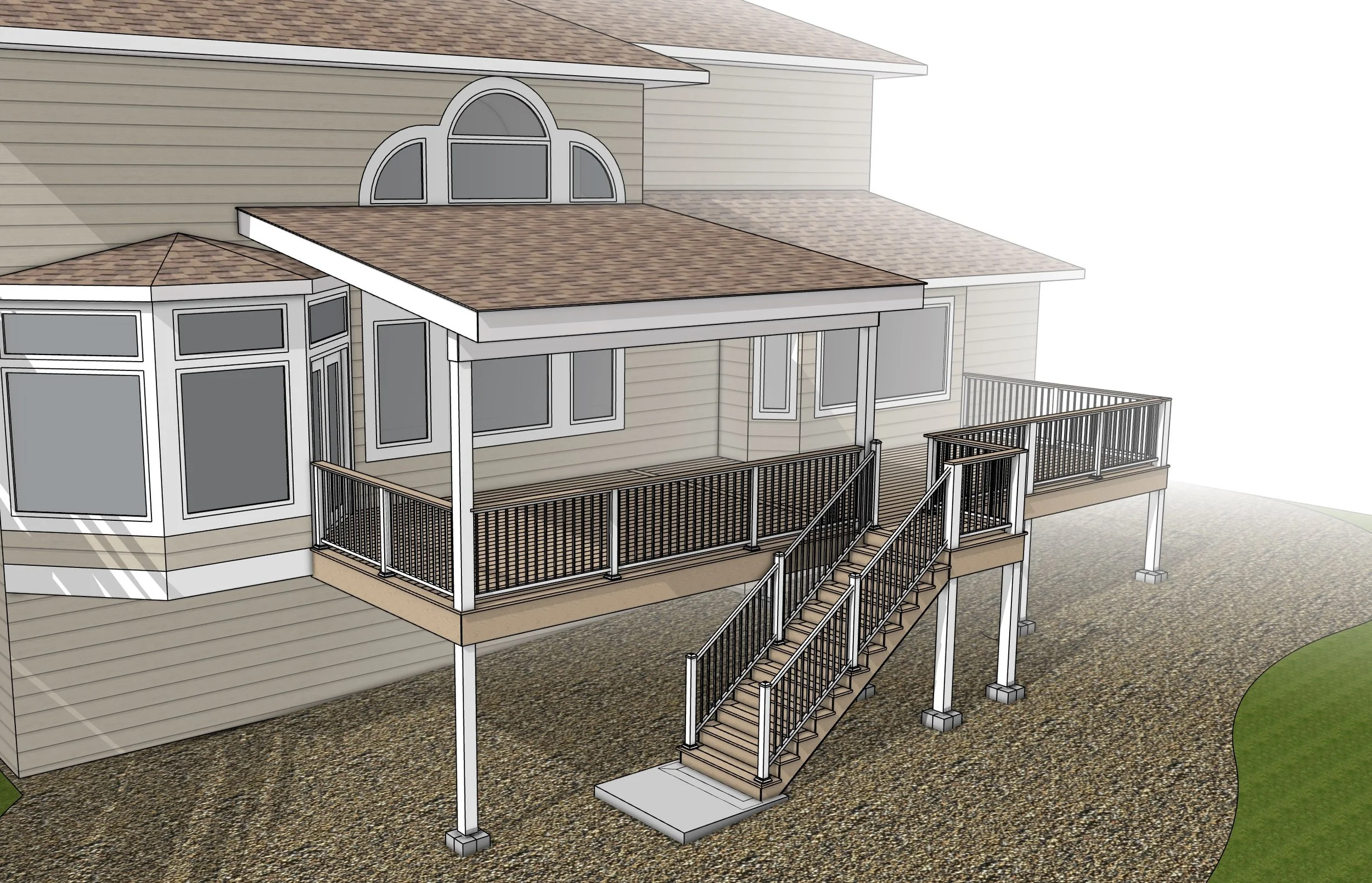 A digital rendering of a house's backyard deck with stairs, railings, and a covered porch area, attached to a beige house with large windows and a gabled roof.