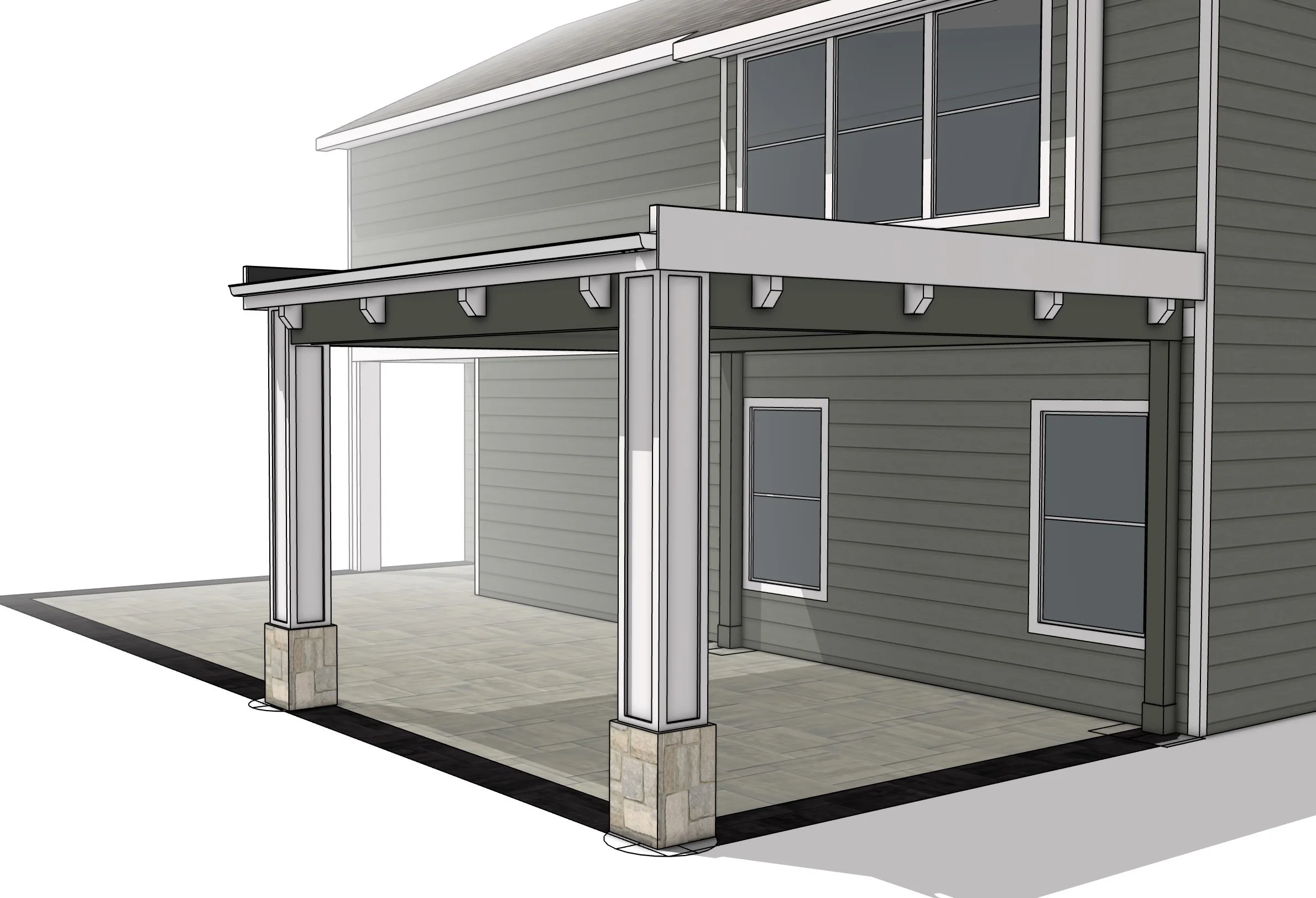 Digital illustration of the exterior of a two-story house with a covered patio area, gray siding, large windows, and stone bases on the patio columns.