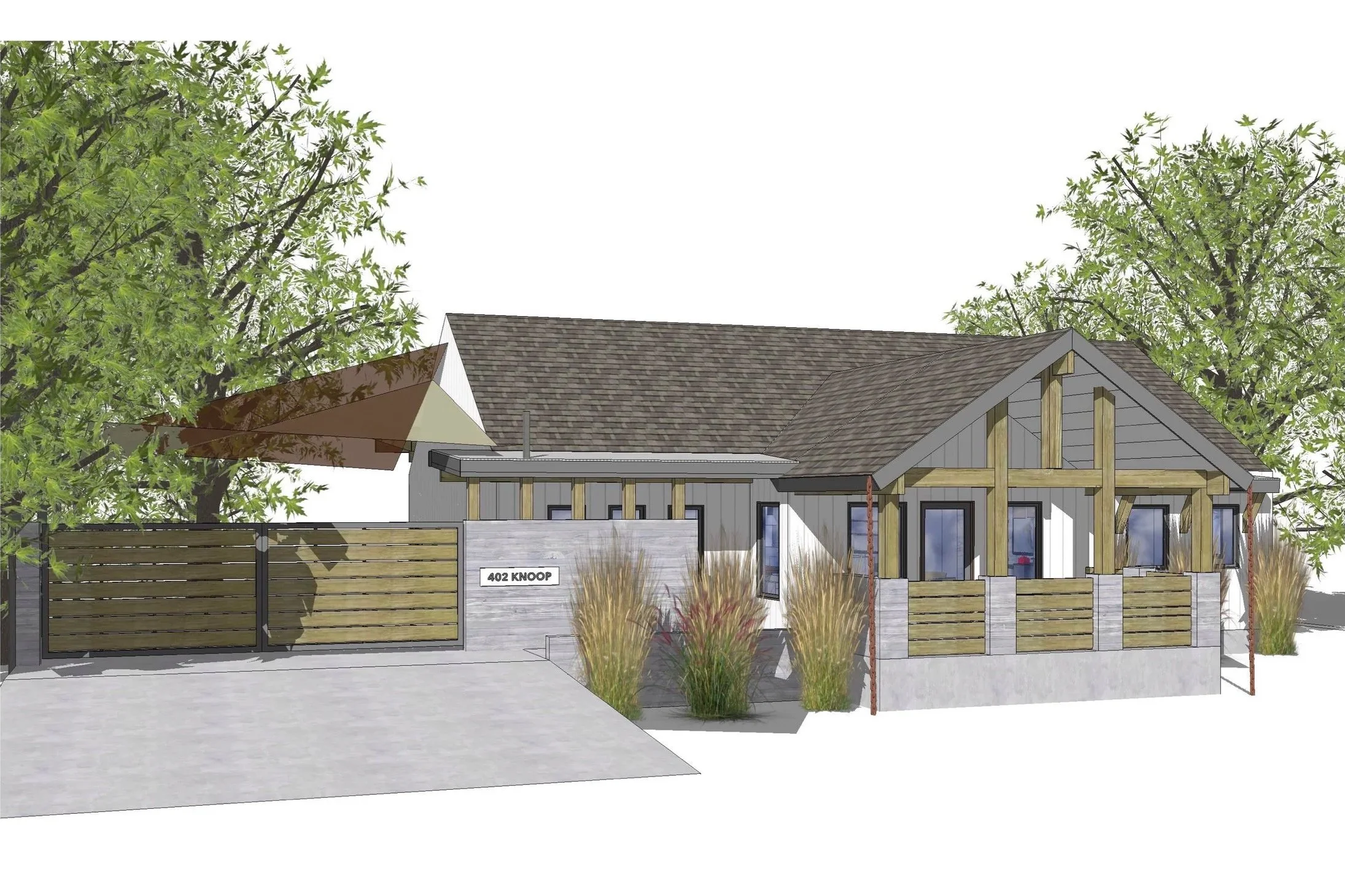 Digital rendering of a modern house with a mix of wood and concrete elements, a front porch with wooden beams, a driveway, and lush trees in the background.