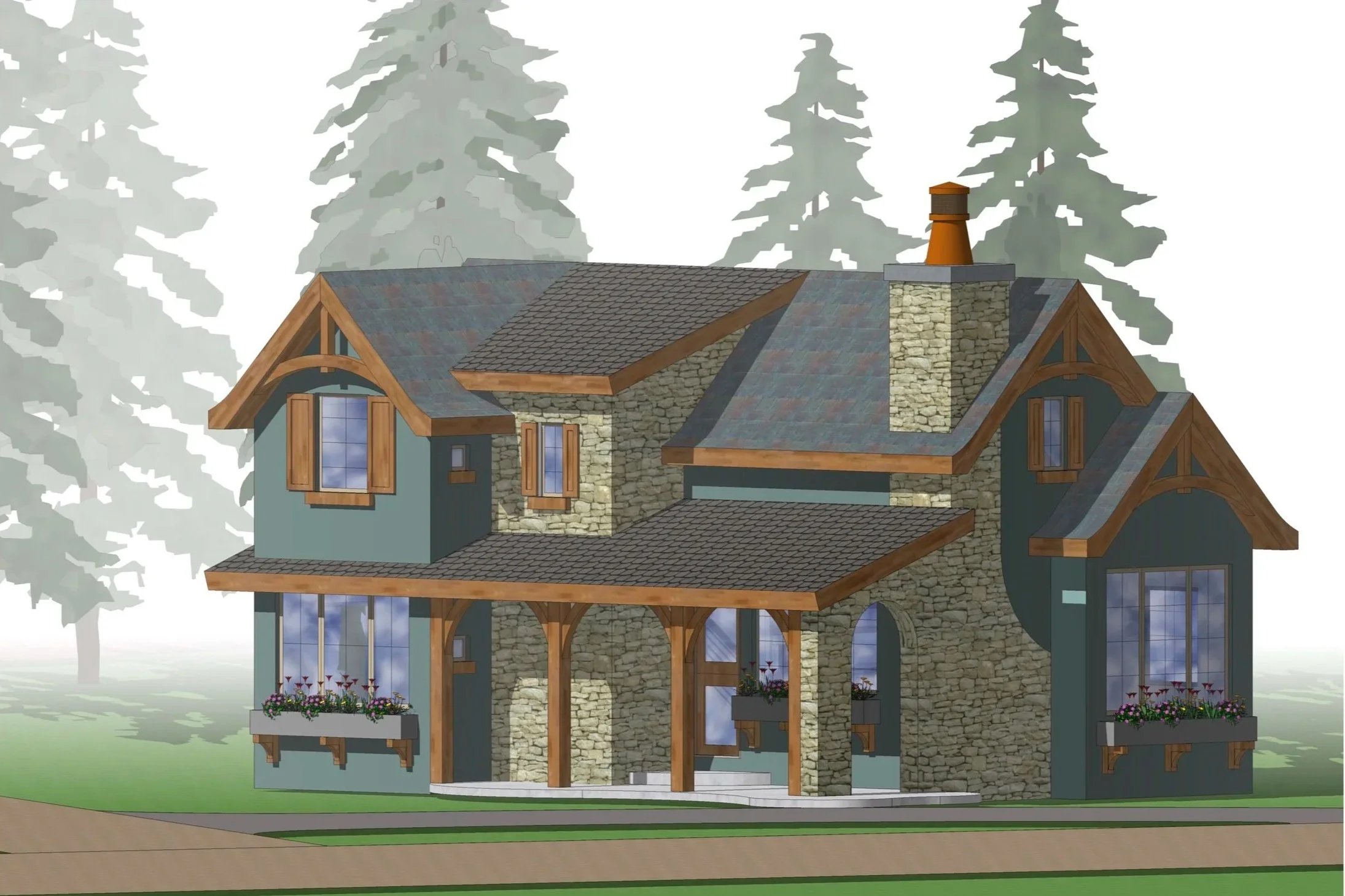 Illustration of a two-story house with stone and teal exterior walls, wooden accents, and a complex roof with multiple gables and a chimney. The house has large windows with flower boxes and a covered porch entrance.