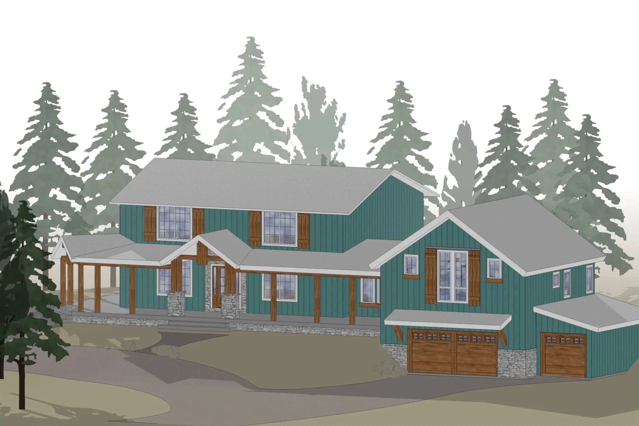 Digital illustration of a modern, multi-story house with teal exterior walls, wood accents, and a stone foundation, surrounded by tall pine trees.