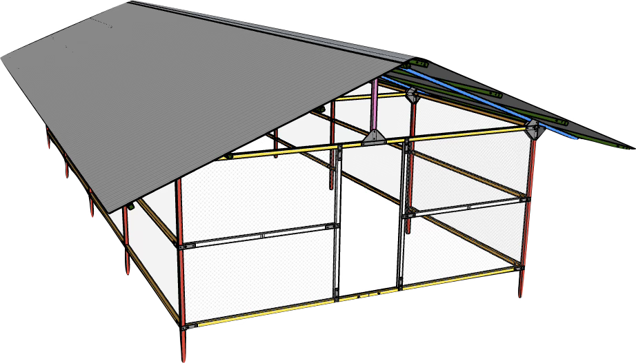 A digital architectural drawing of a partially constructed building frame with a sloped roof and visible metal supports.