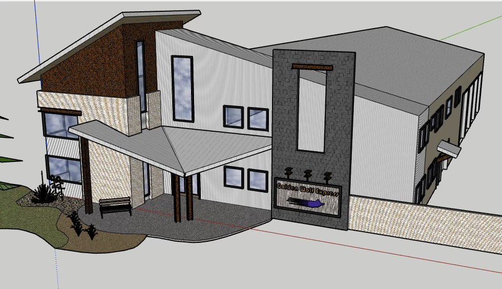 A modern building with a combination of materials, including brick, metal, and wood siding, featuring multiple windows and a prominent vertical sign that reads "Golden Well Escape" with a purple fish graphic, along with a landscaped entrance area.