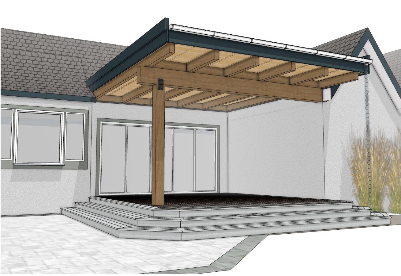 A modern house patio with wooden overhang supported by a single wooden post, featuring tiered steps and paved floor, with a sliding glass door and window, and some plants on the side.