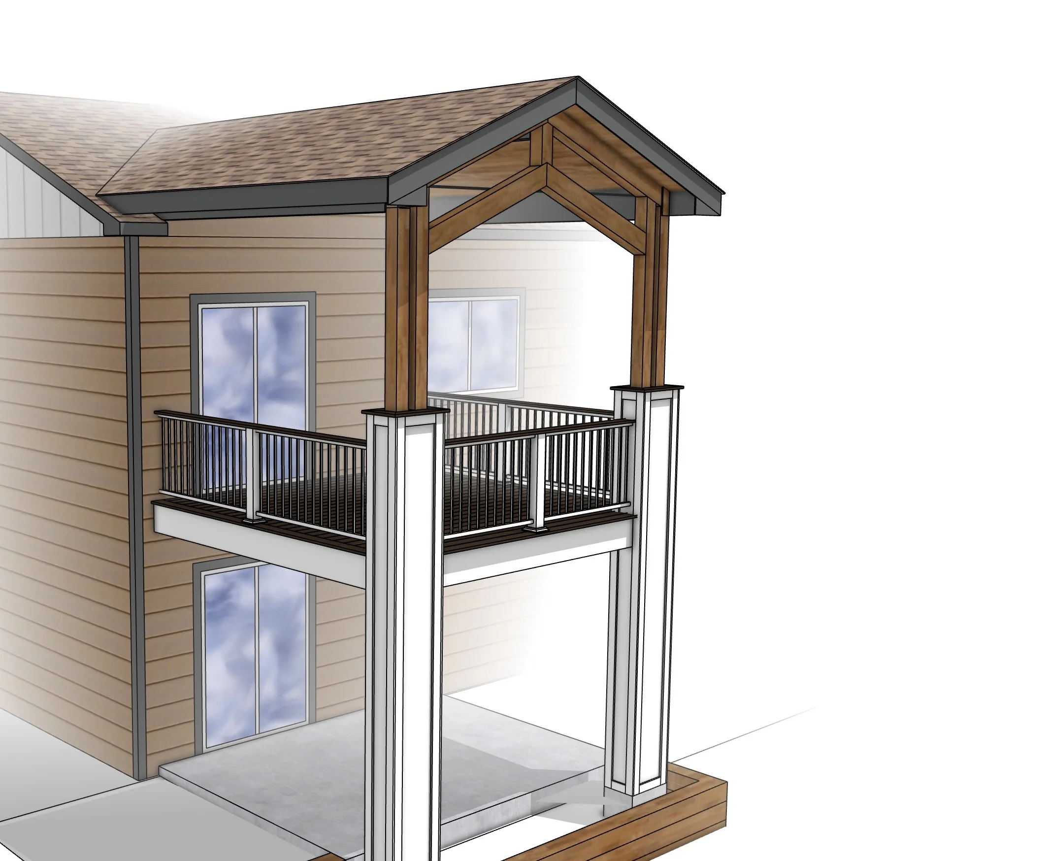 A 3D rendering of a two-story house with a small balcony on the second floor, featuring wooden and metal railings, a partial wooden roof, and a concrete patio area below.